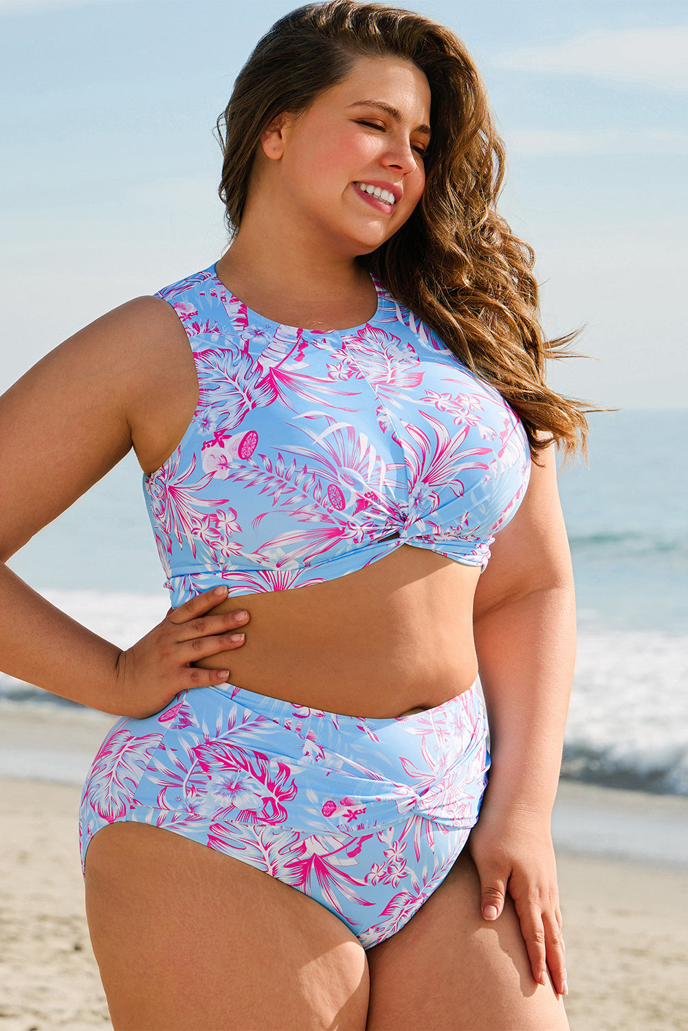 Ensemble bikini taille haute torsadé à imprimé floral grande taille