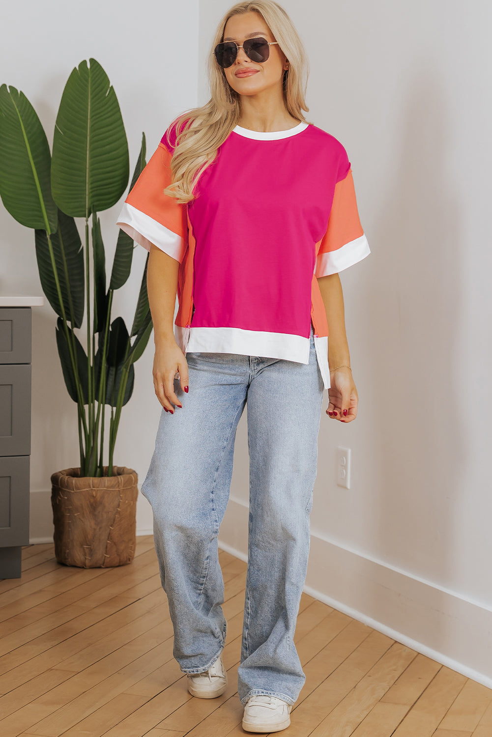 T-shirt ample à blocs de couleurs et fentes latérales