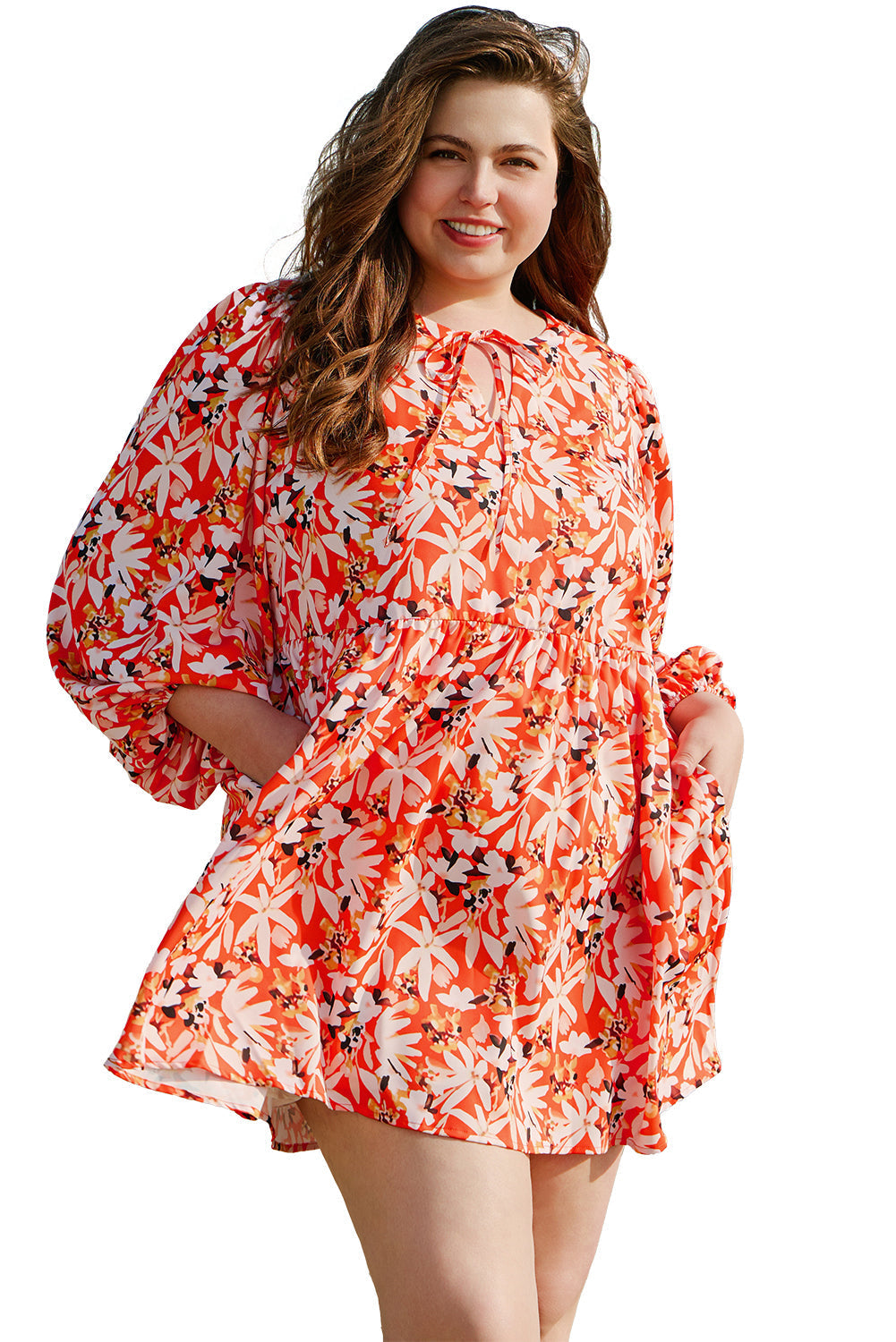 Robe mi-longue grande taille à imprimé floral, col en V, manches bouffantes