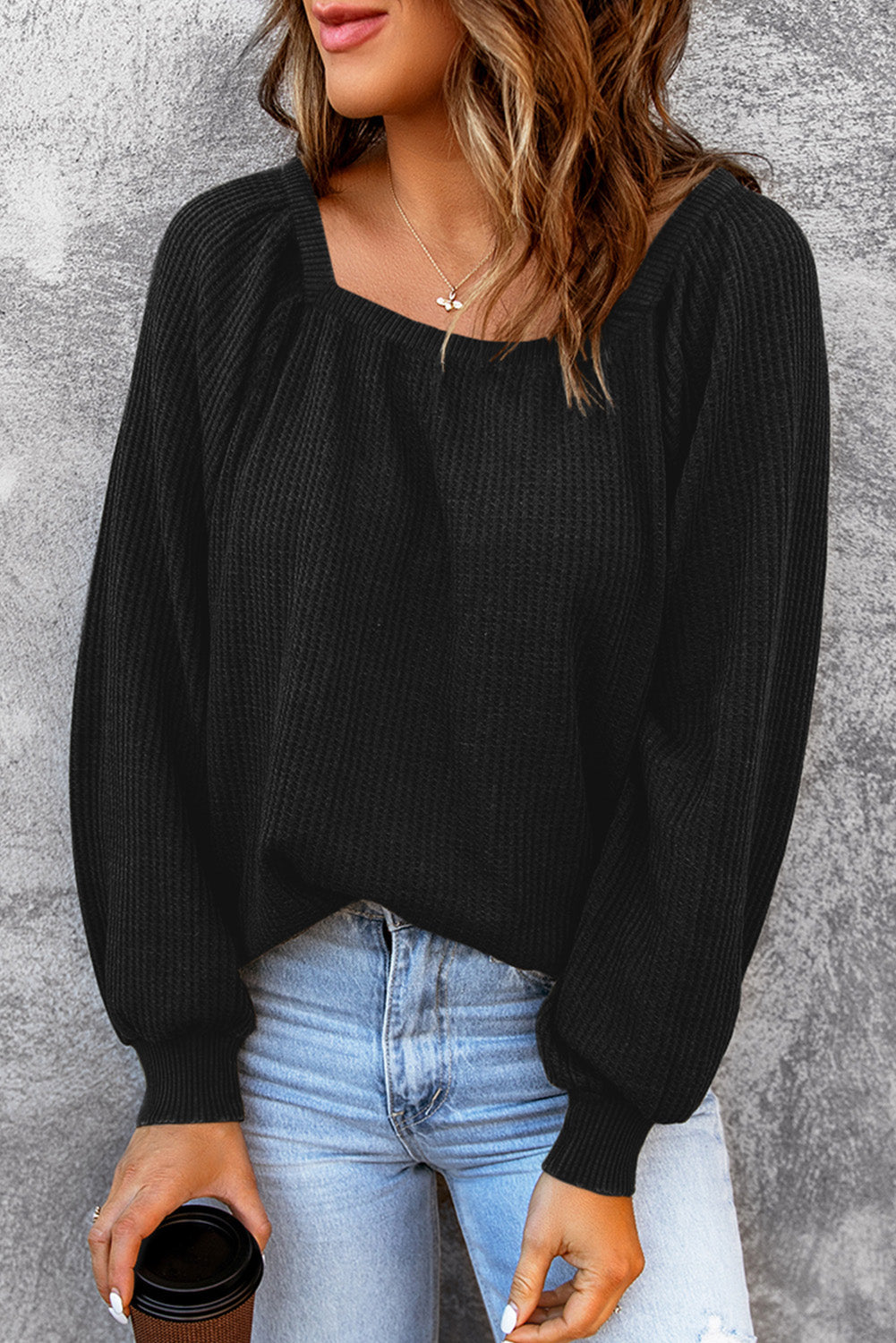 Haut en tricot gaufré à manches bouffantes et col rond