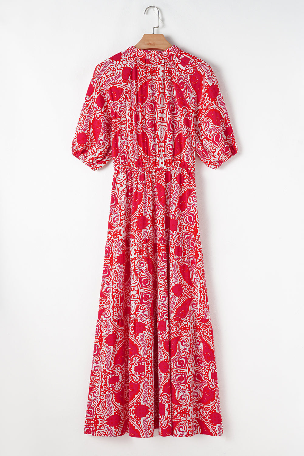 Robe longue taille haute à imprimé cachemire, fente latérale, manches bouffantes