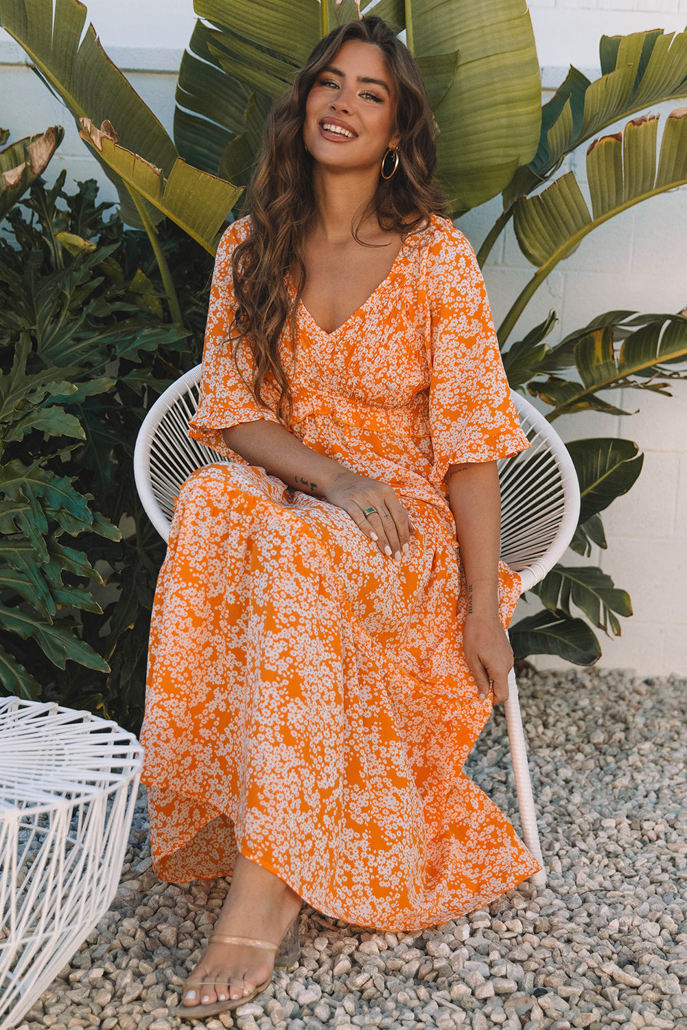 Robe longue à imprimé floral, col en V, manches larges et smockées