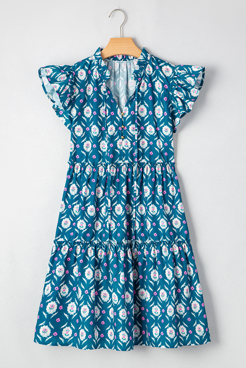 Robe à imprimé floral rétro, col fendu, volants, manches courtes