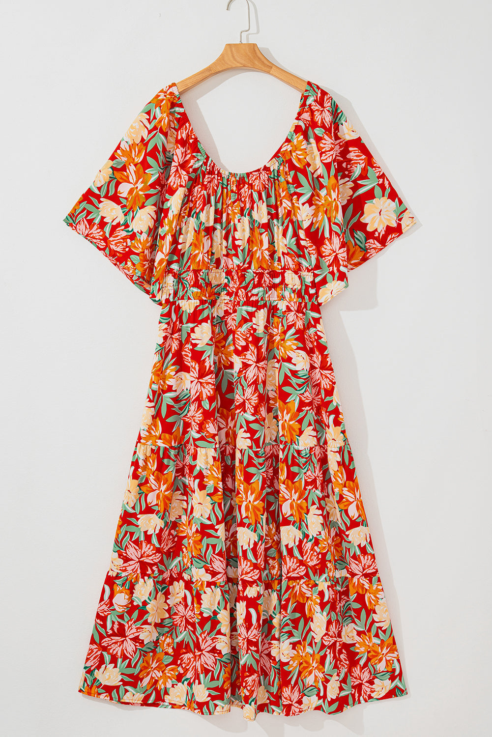 Robe longue grande taille à fleurs, col en V, manches flottantes, taille cintrée