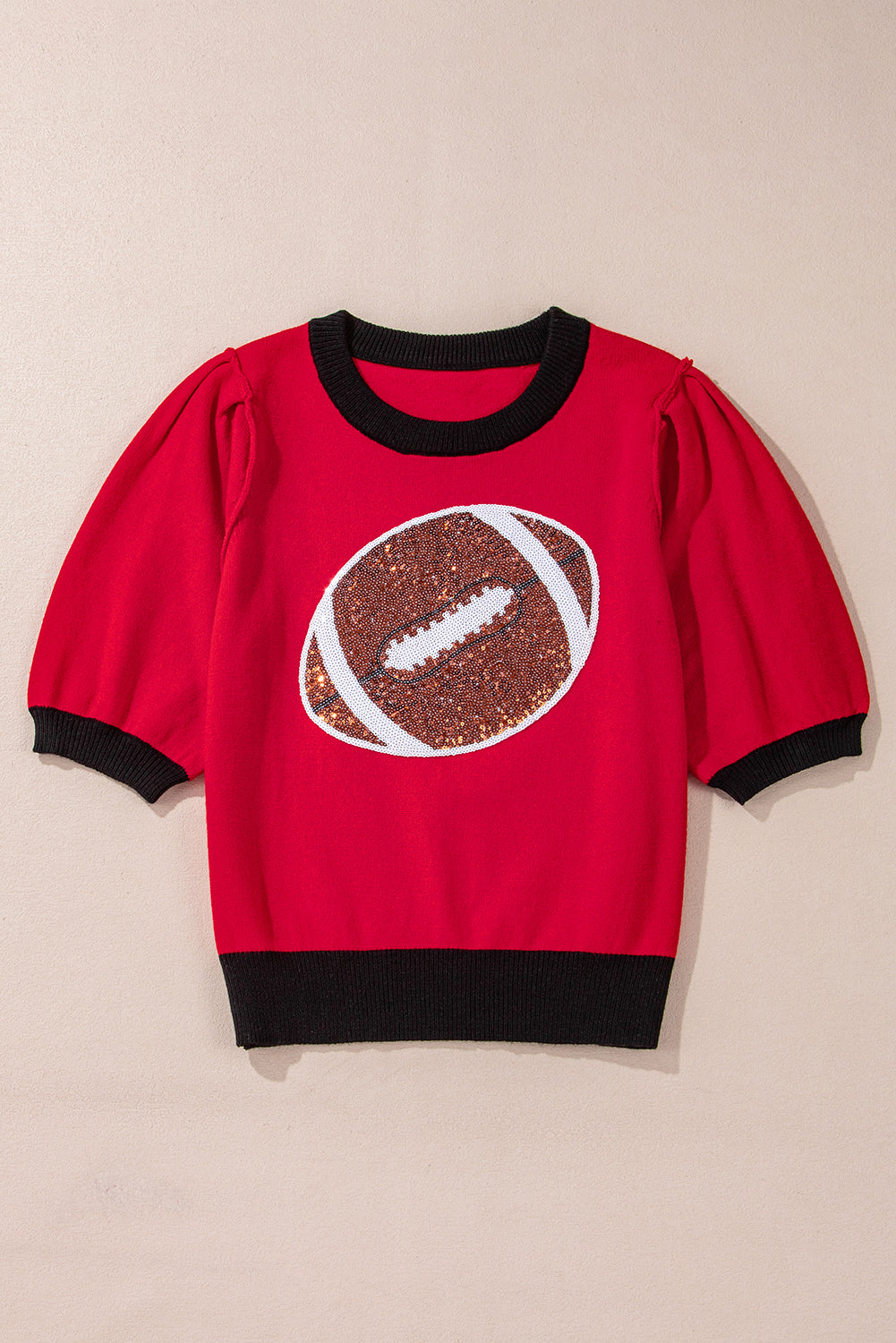 Pull Rugby a Manches Courtes Bouffantes Color Block a Paillettes