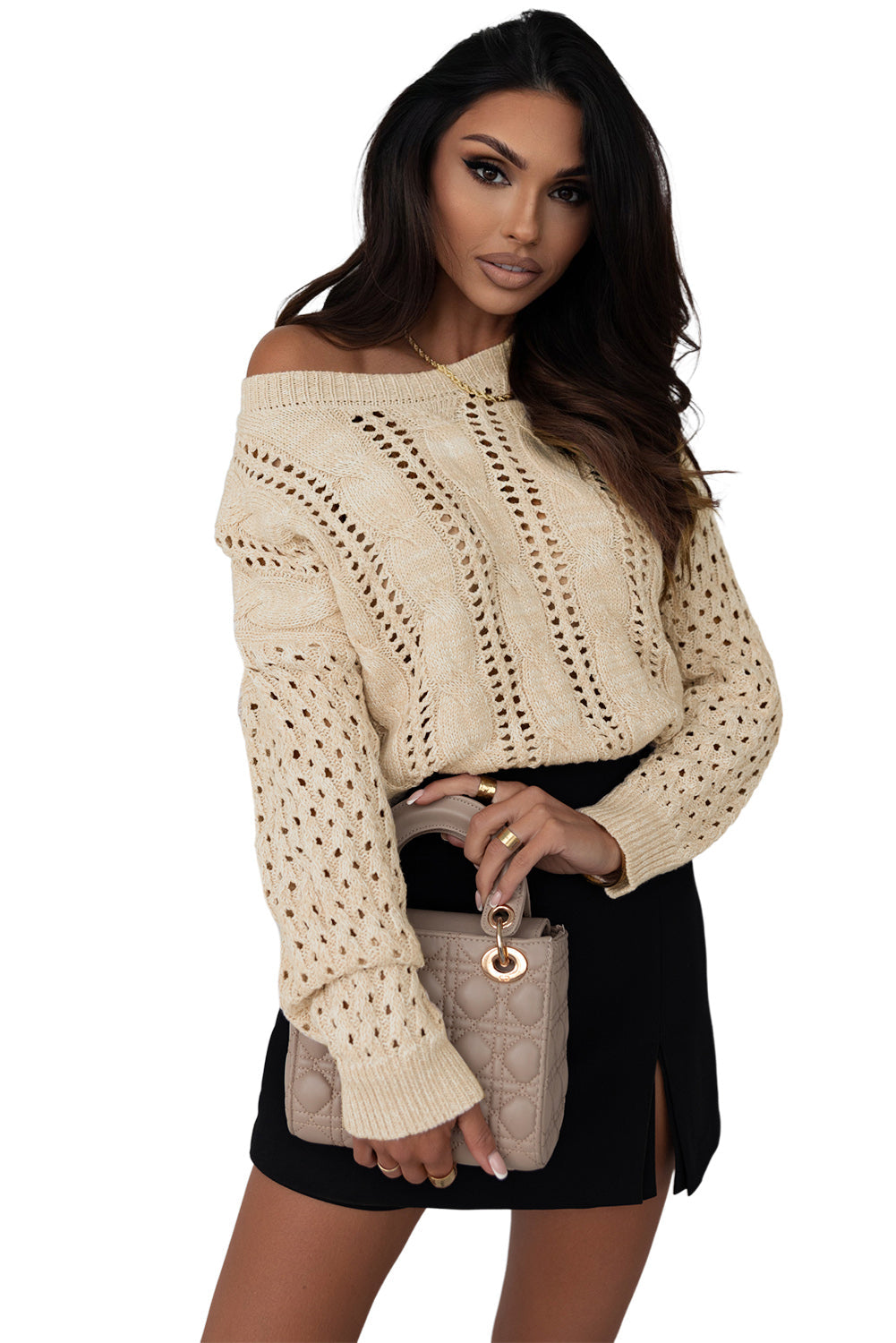 Pull kaki à œillets en tricot torsadé à épaules tombantes
