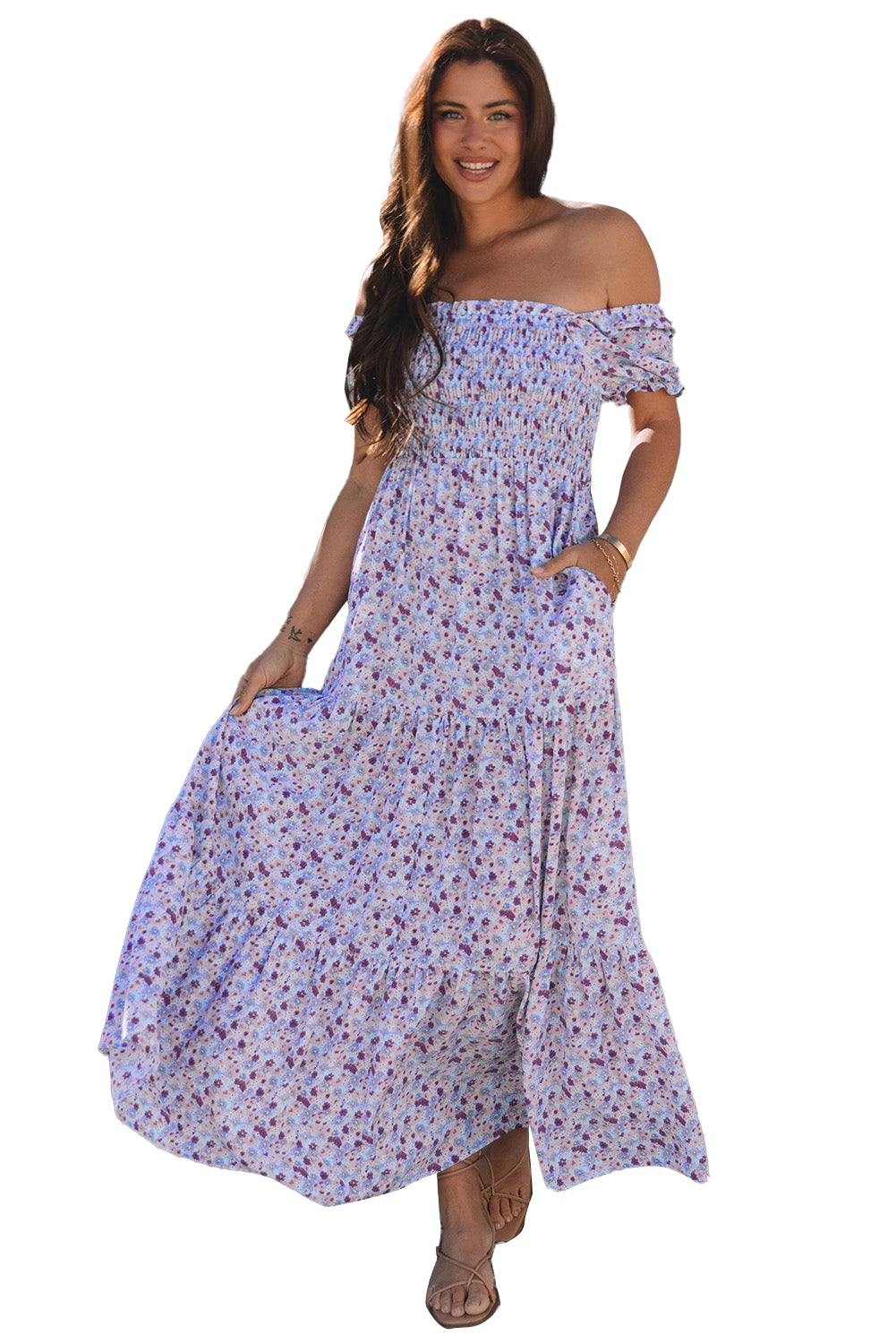 Robe longue fleurie à manches courtes bouffantes et taille haute froncée