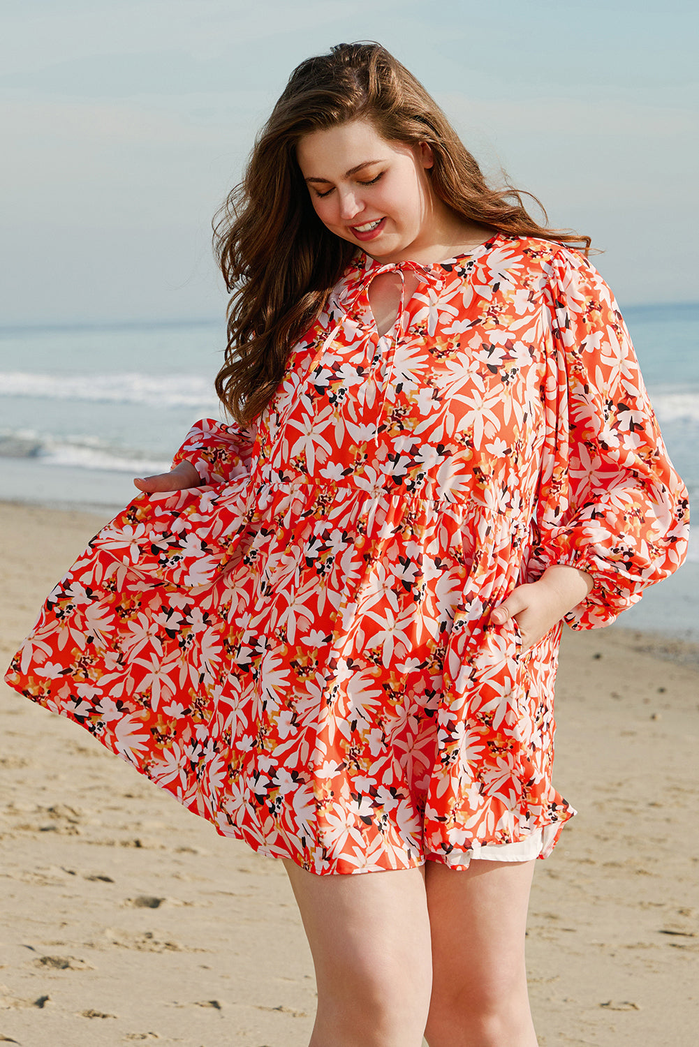 Robe mi-longue grande taille à imprimé floral, col en V, manches bouffantes