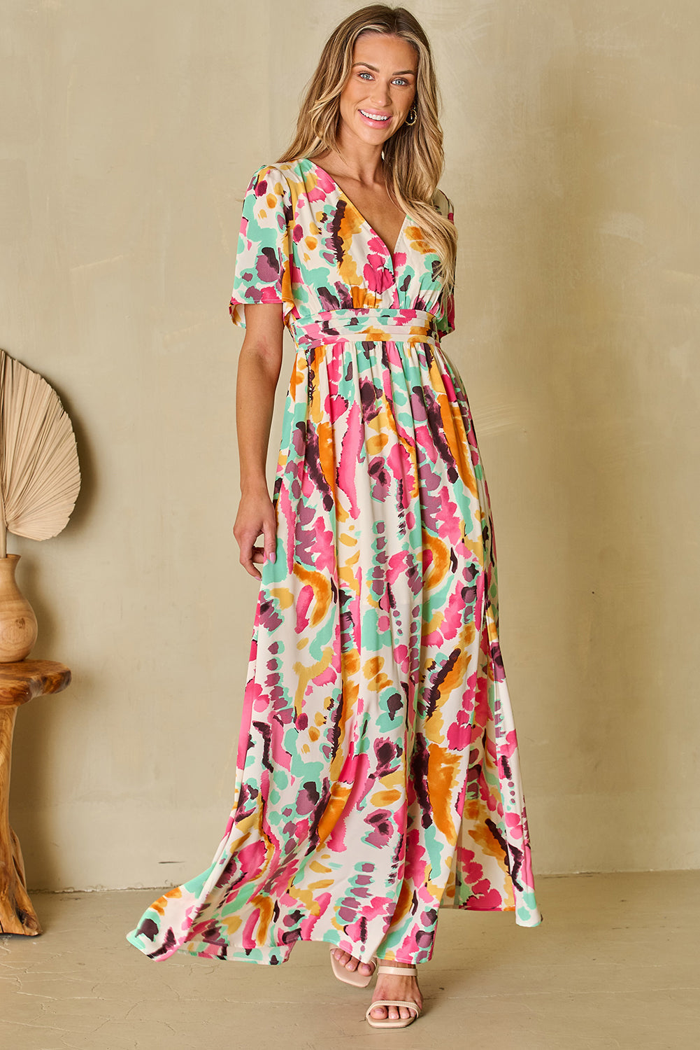 Robe longue bohème à imprimé tie-dye et col en V