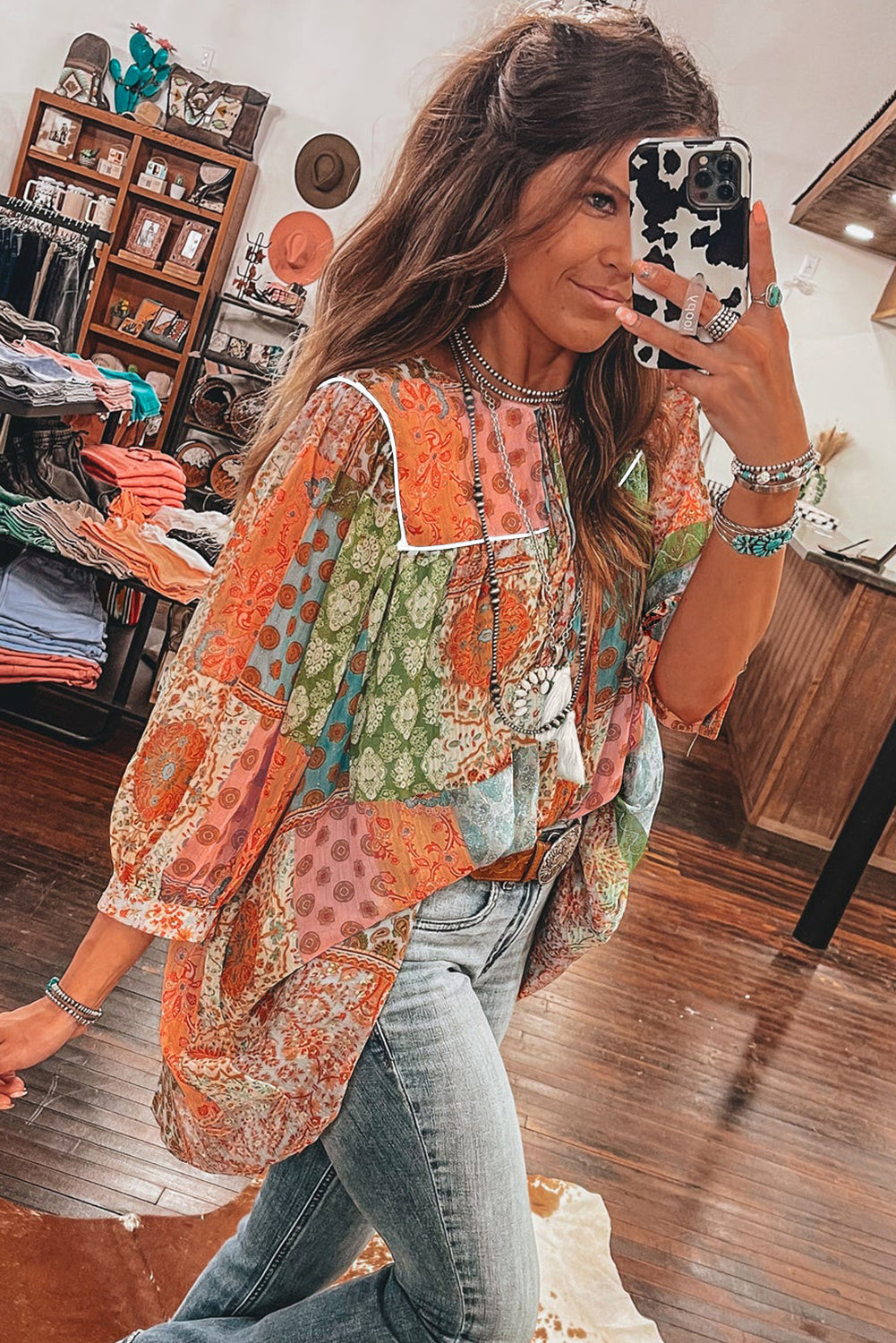 Robe ample en mousseline de soie à imprimé cachemire bohème et manches 3/4