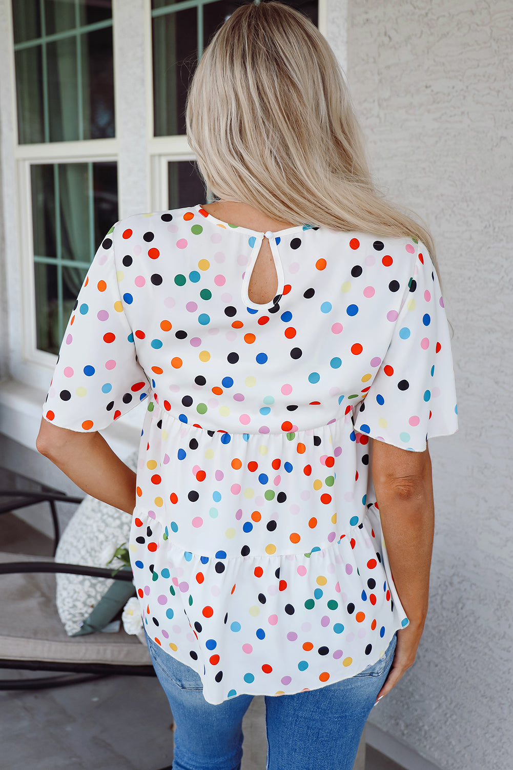 Chemisier babydoll à volants et manches courtes à pois colorés