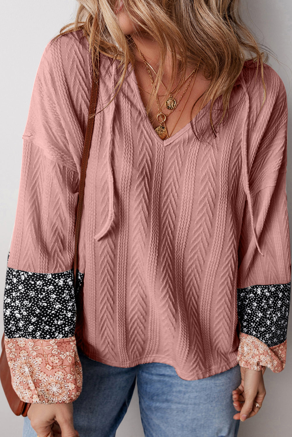 Blouse a col en V avec cordon de serrage en tricot texturé patchwork floral