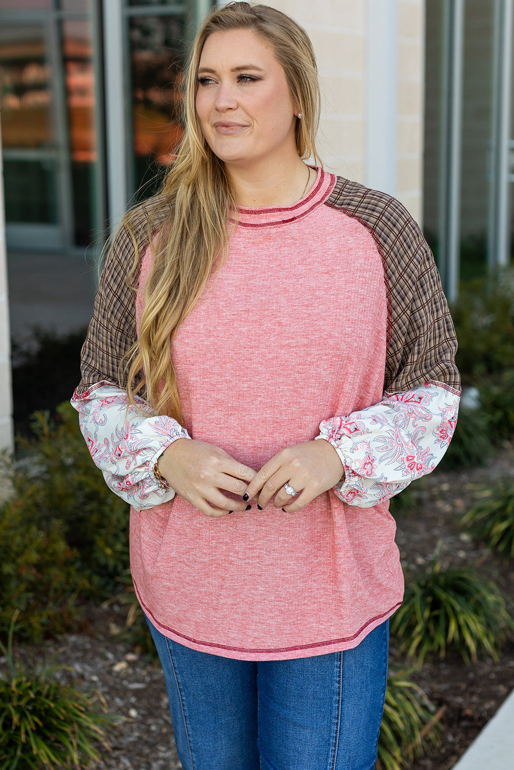 Haut a Carreaux Paisley Patchwork Manches Raglan Coutures Grande Taille
