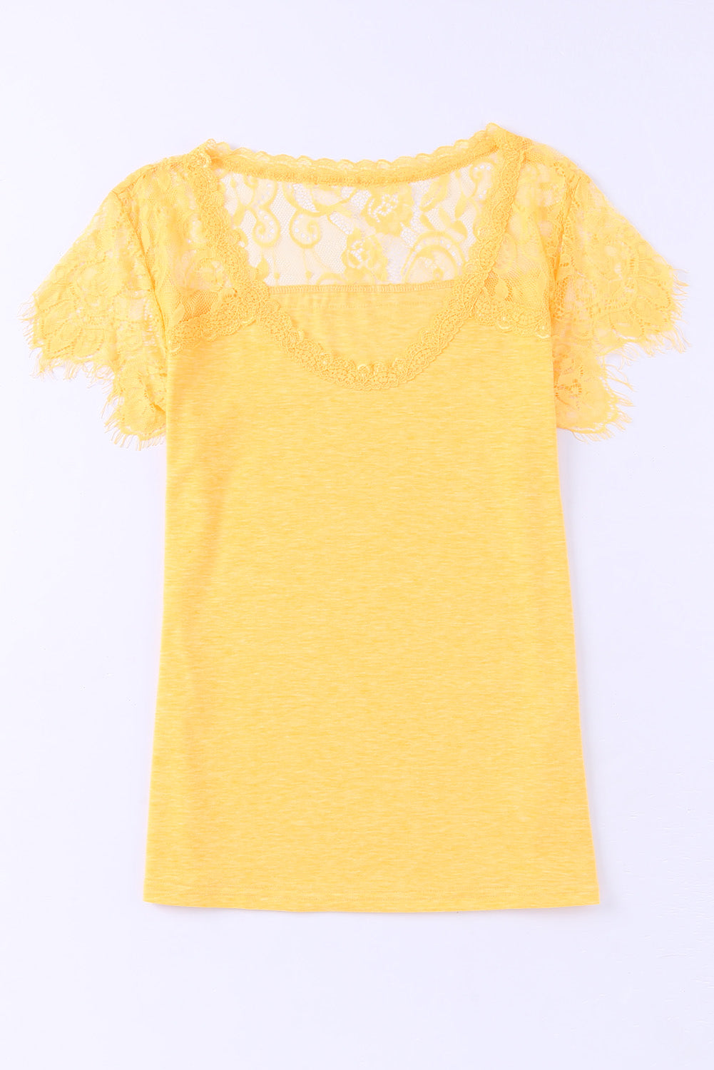 T-shirt jaune à manches courtes et col en U en dentelle au crochet