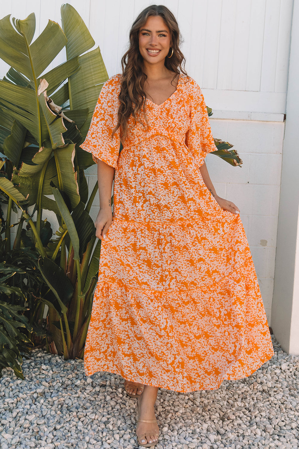 Robe longue à imprimé floral, col en V, manches larges et smockées