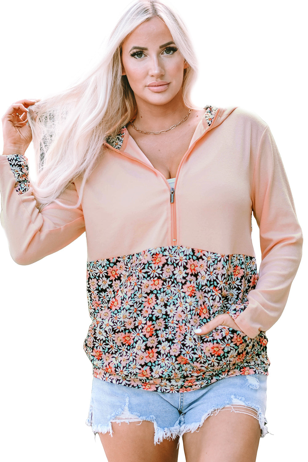 Sweat à capuche avec poche kangourou et patch floral à demi-zip