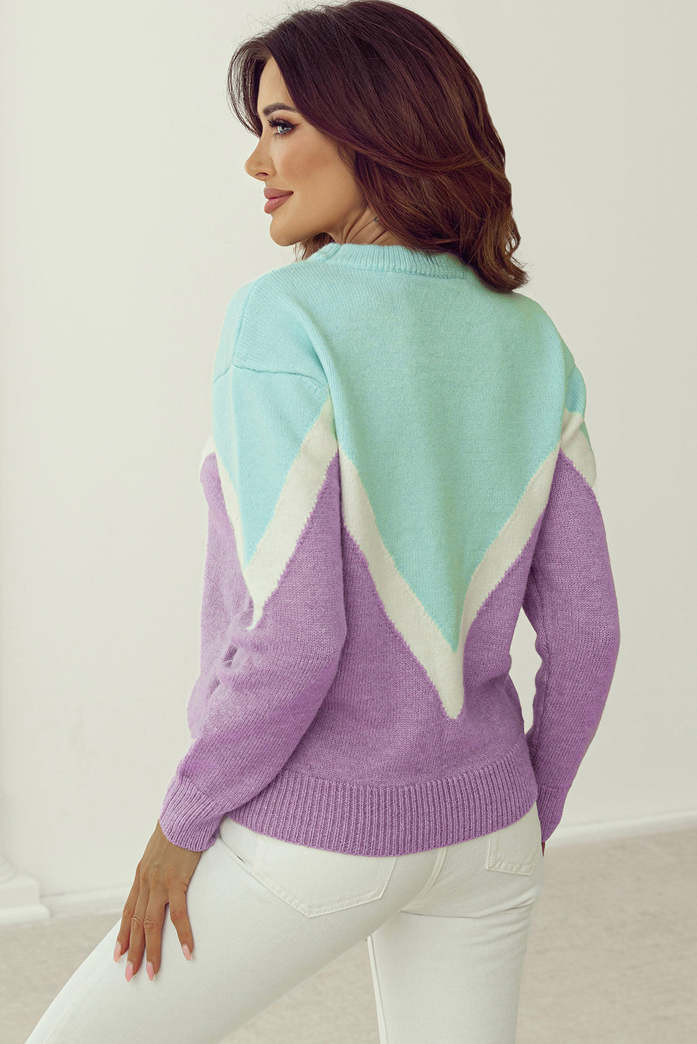 Pull à épaules tombantes en tricot côtelé à blocs de couleurs Chevron