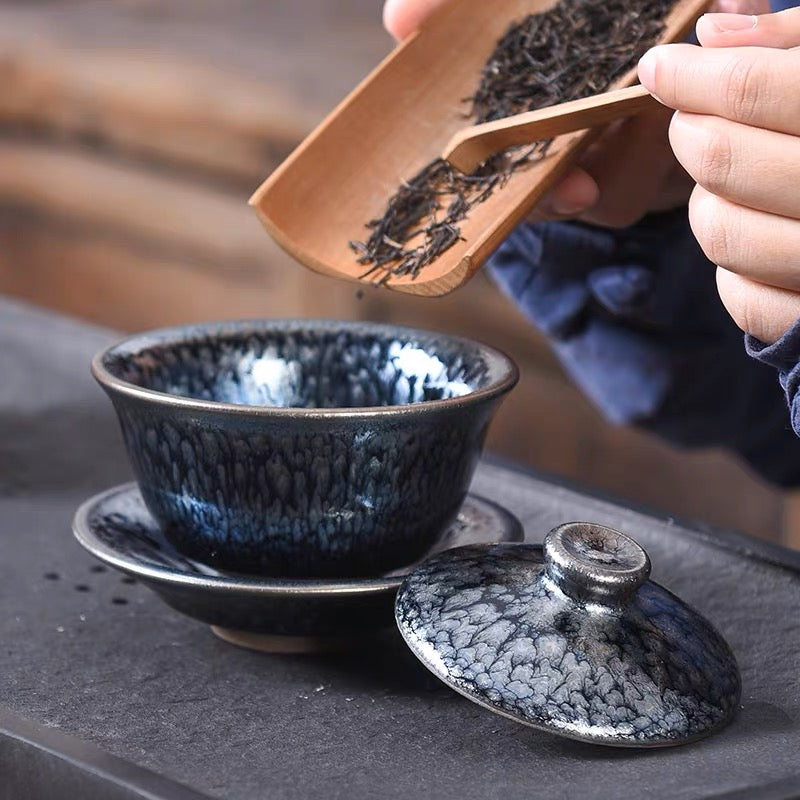 Handmade Tenmoku Flowers Gaiwan, Jian Zhan Tenmoku Gaiwan Tea Bowl