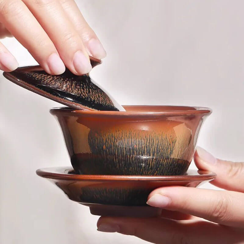 Handmade Tenmoku Hare's Fur Gaiwan, Jian Zhan Tenmoku Gaiwan Tea Bowl