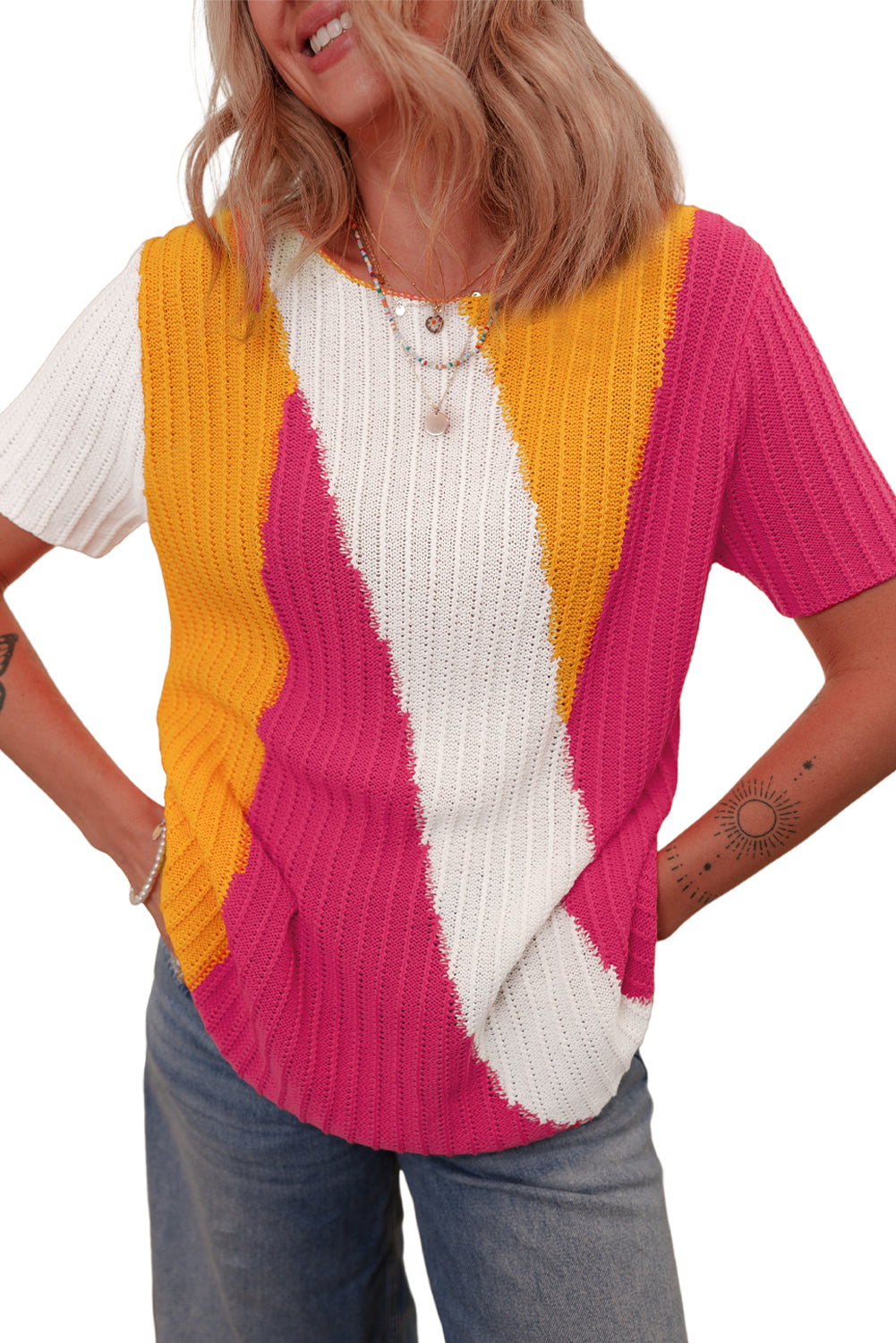 Pull a manches courtes en tricot texturé color block