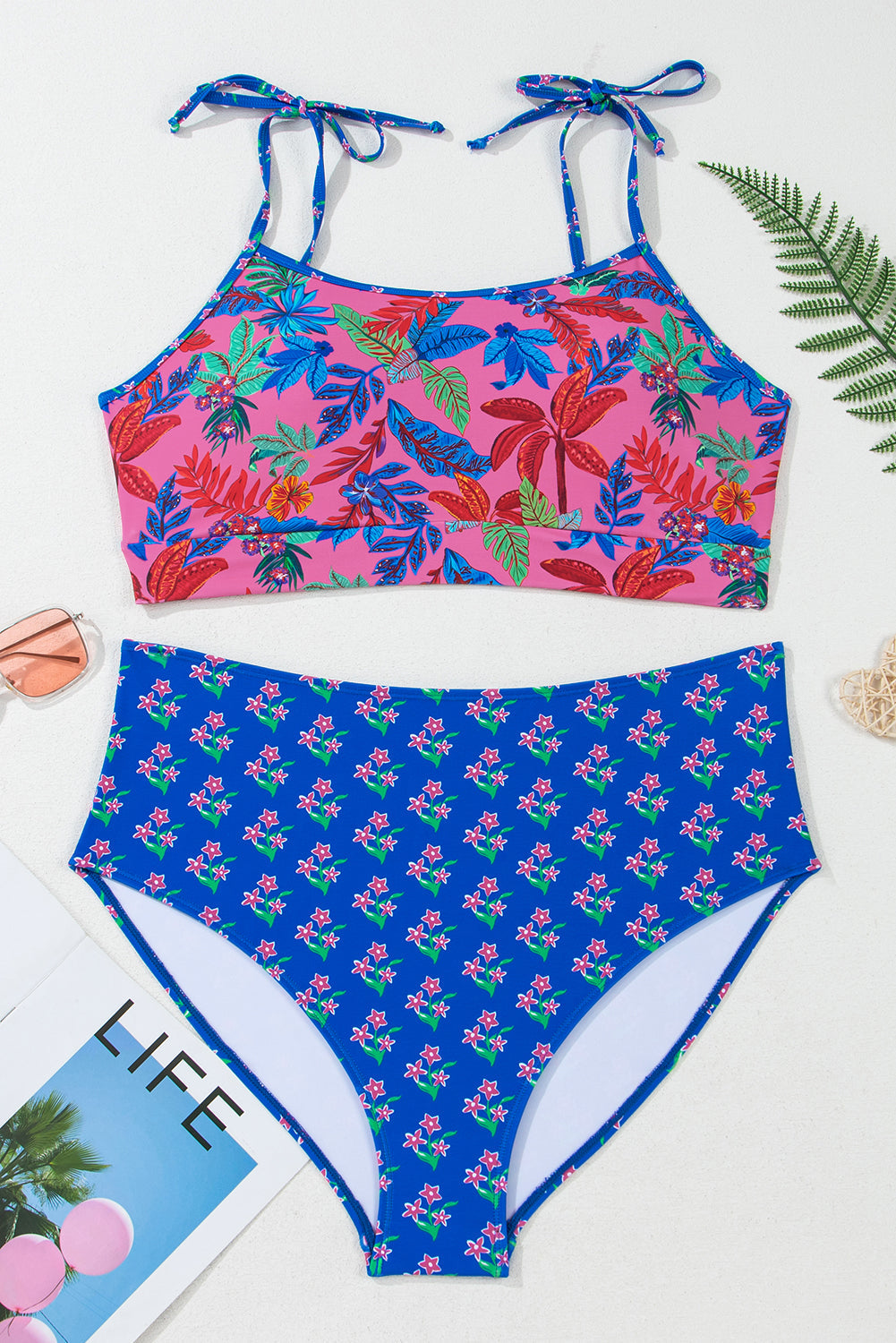 Débardeur court à bretelles nouées et imprimé tendance et bikini taille haute grande taille