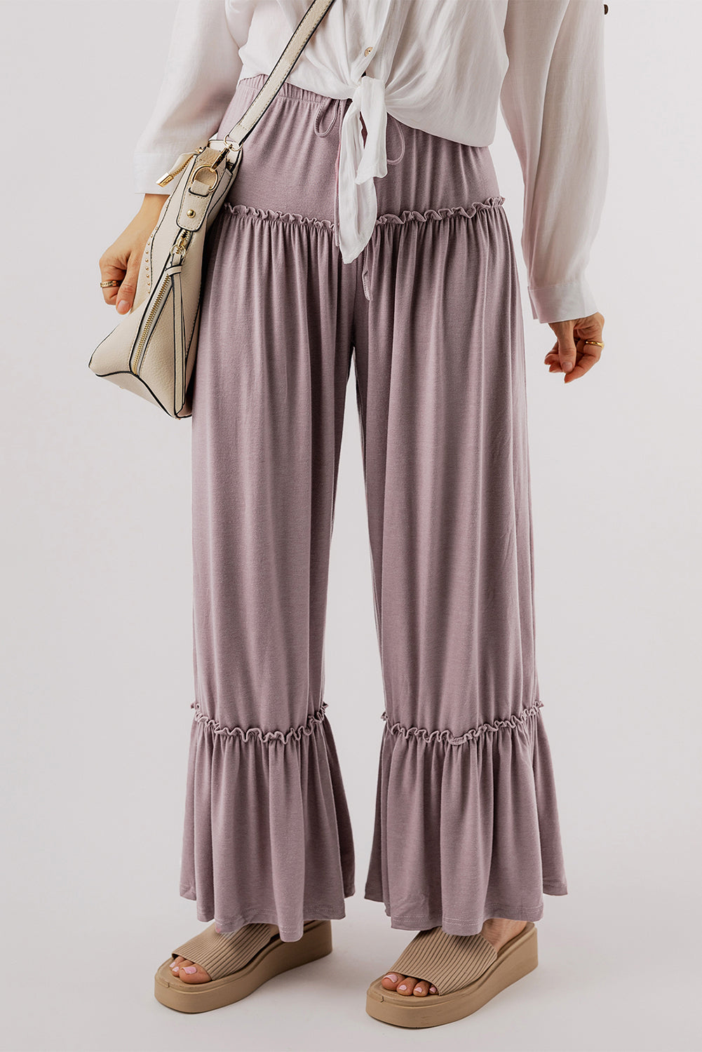 Pantalon large taille haute avec cordon de serrage et volants
