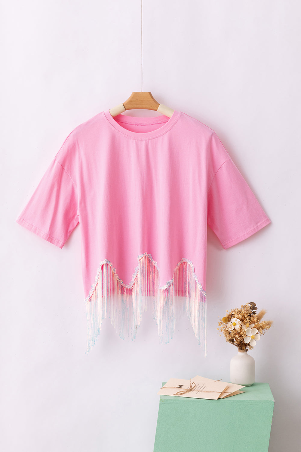 T-shirt court a sequins et franges