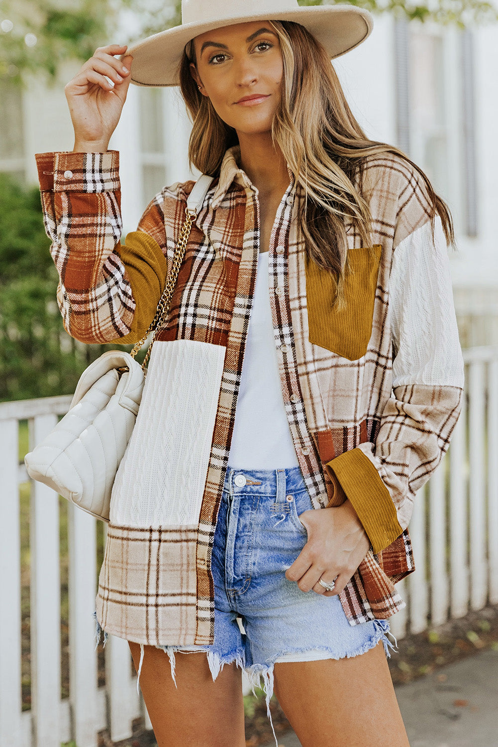 Veste chemise patchwork à carreaux orange avec poche et blocs de couleurs