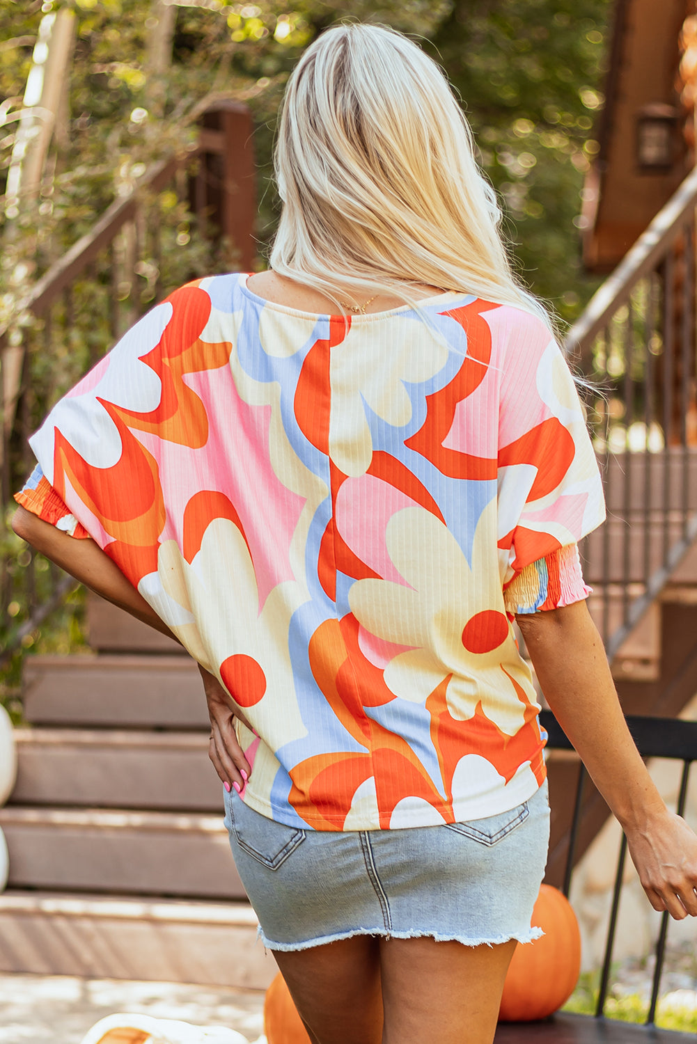 Blouse côtelée a manches 3/4 froncée a imprimé floral