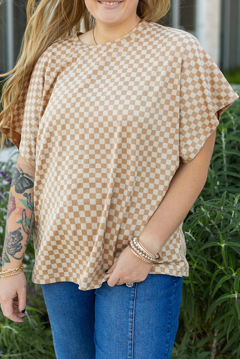 T-shirt a manches courtes et chauve-souris en damier, col rond, grande taille