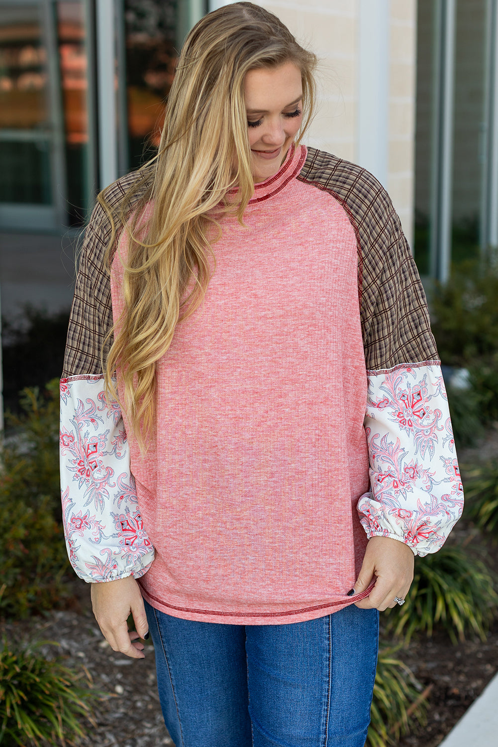 Haut a Carreaux Paisley Patchwork Manches Raglan Coutures Grande Taille