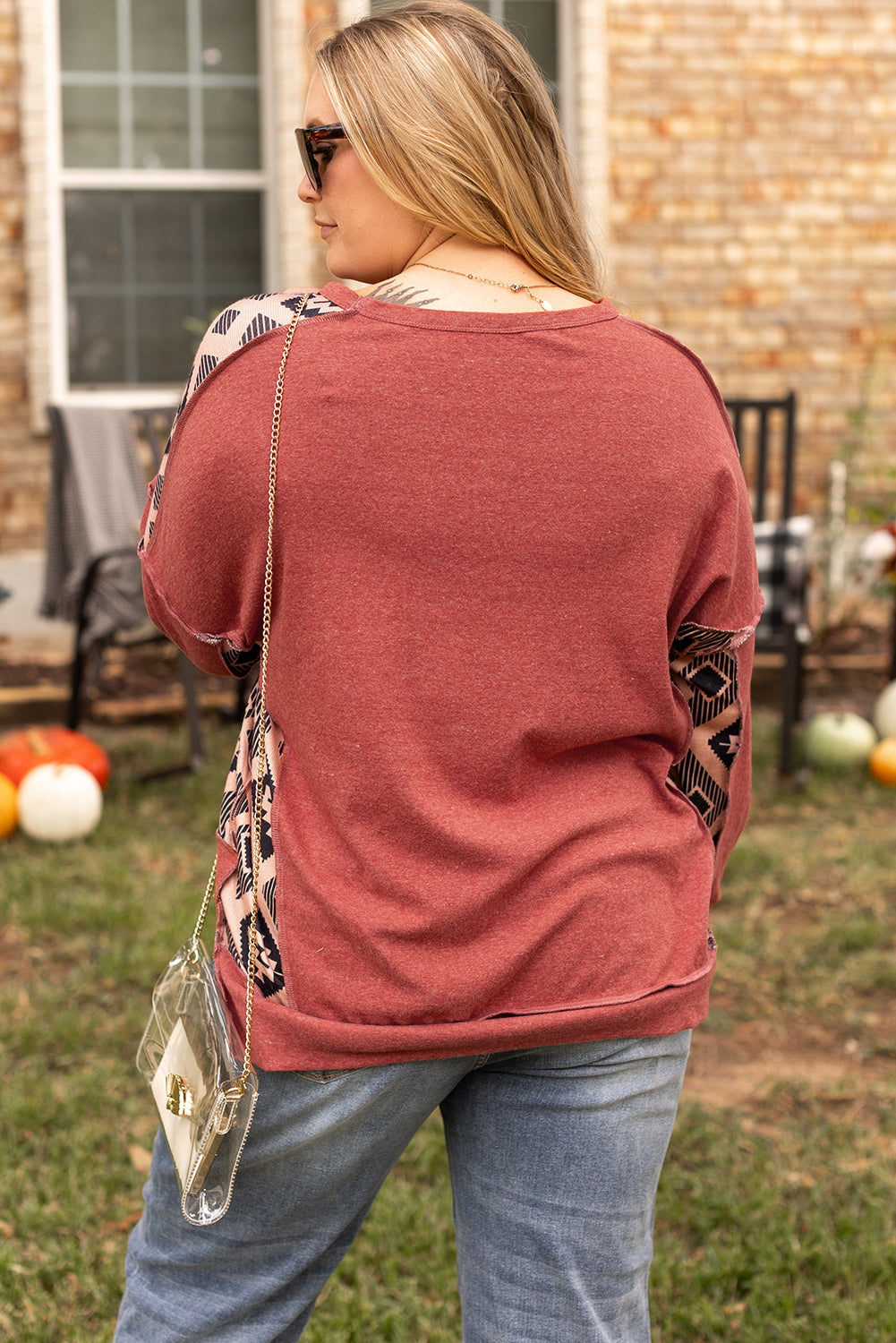 Sweat-shirt Haut Bas a Epaule Tombante Aztèque Patchwork Grande Taille