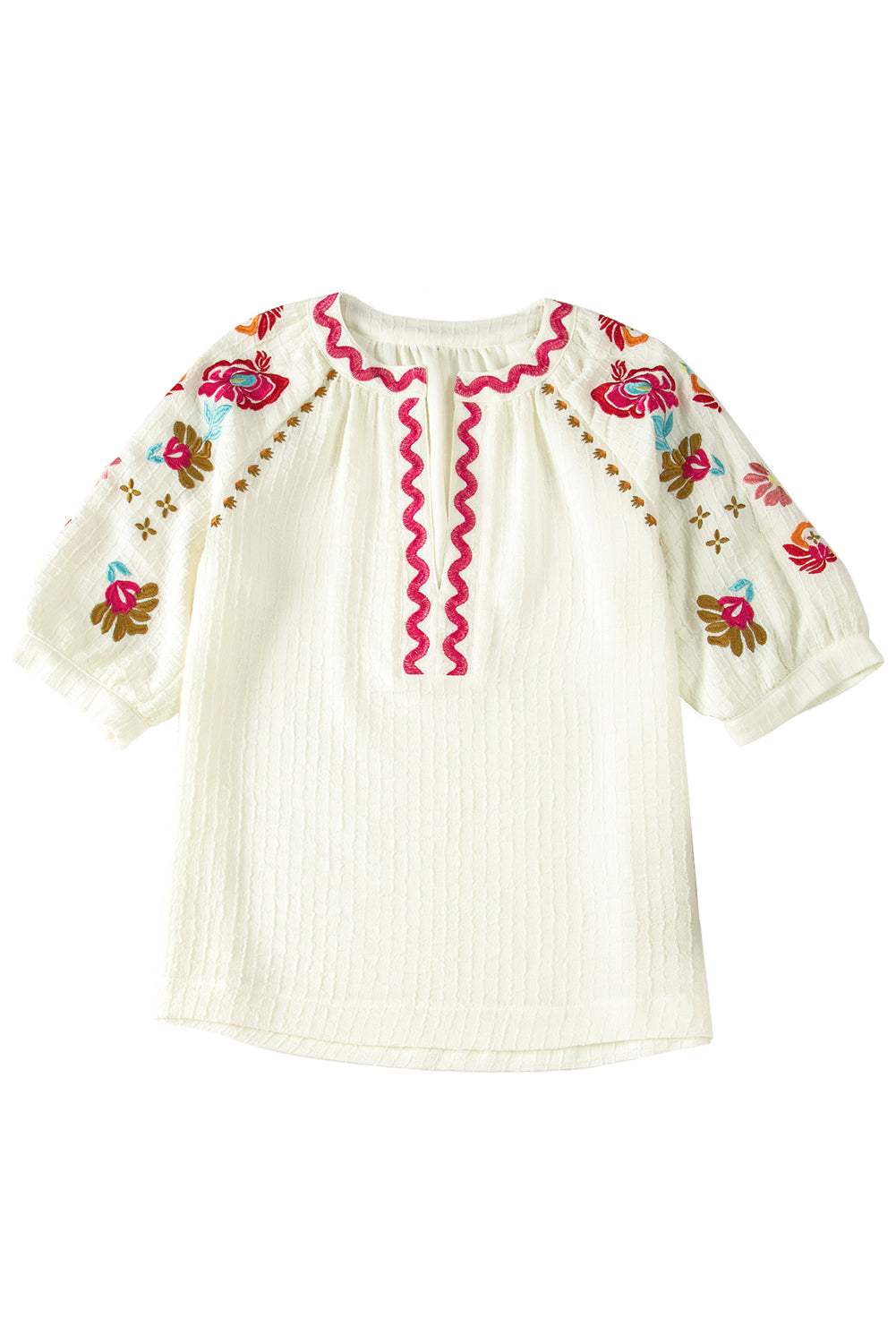 Blouse texturée à manches bouffantes et broderie florale Ricrac