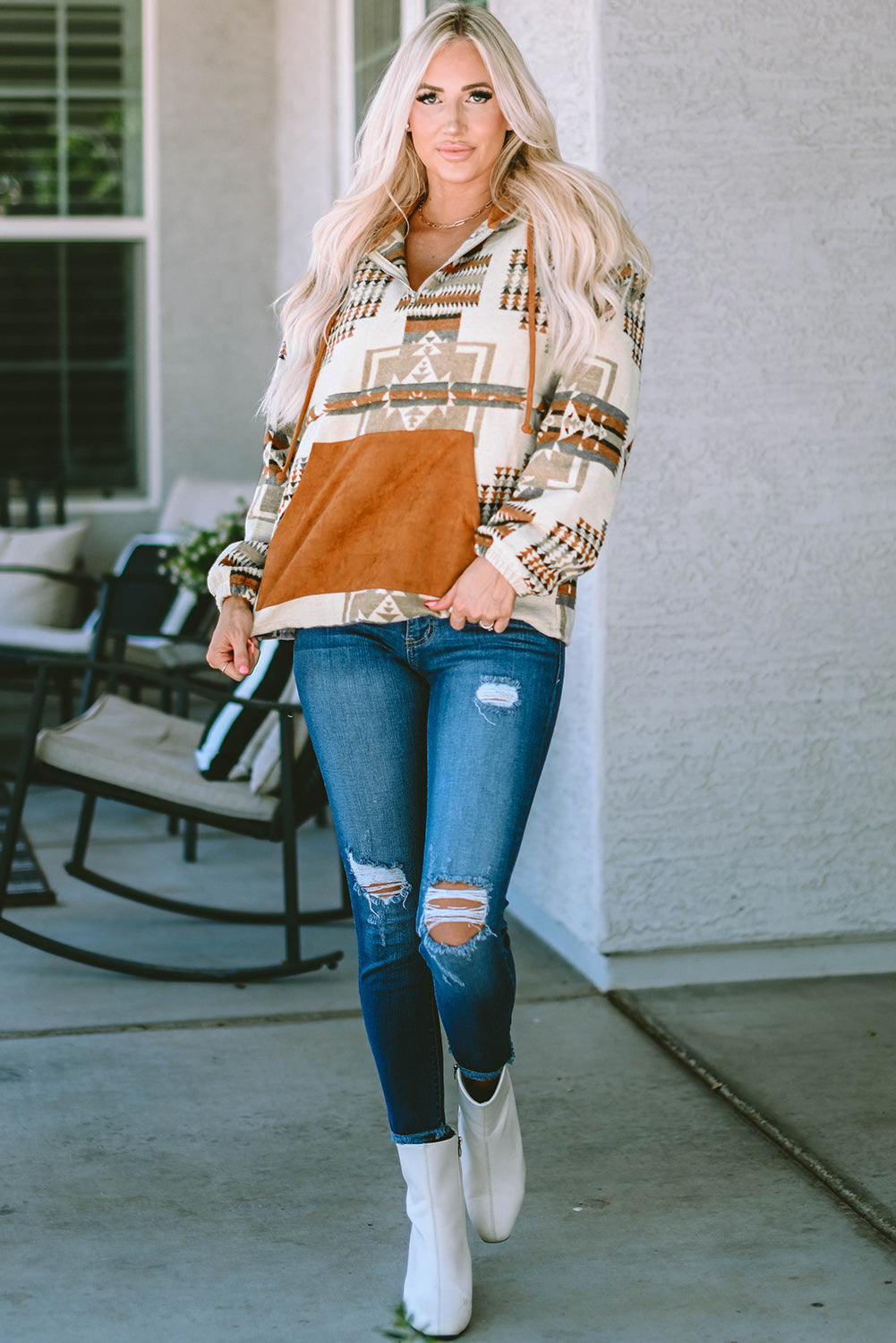 Sweat à capuche demi-zip à imprimé aztèque et poche kangourou