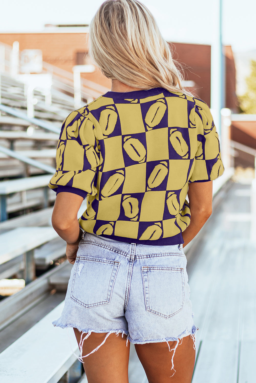 Pull a manches courtes bouffantes en blocs de couleurs a carreaux Rugby