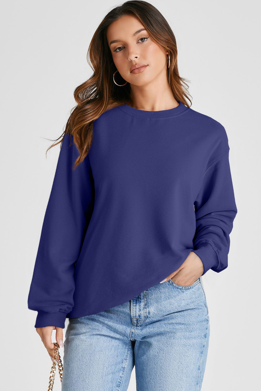 Sweat-shirt uni a col rond et épaules tombantes