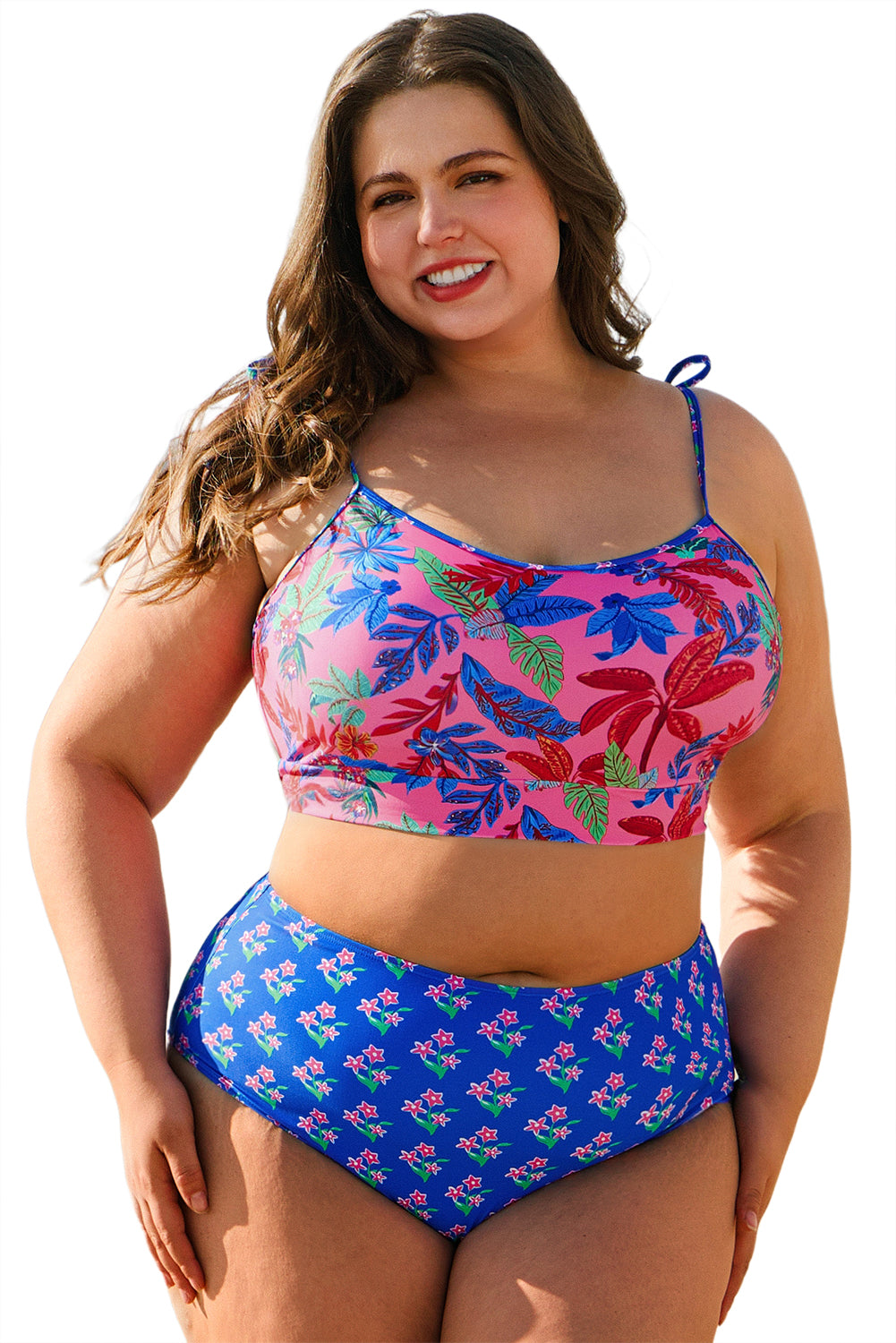 Débardeur court à bretelles nouées et imprimé tendance et bikini taille haute grande taille