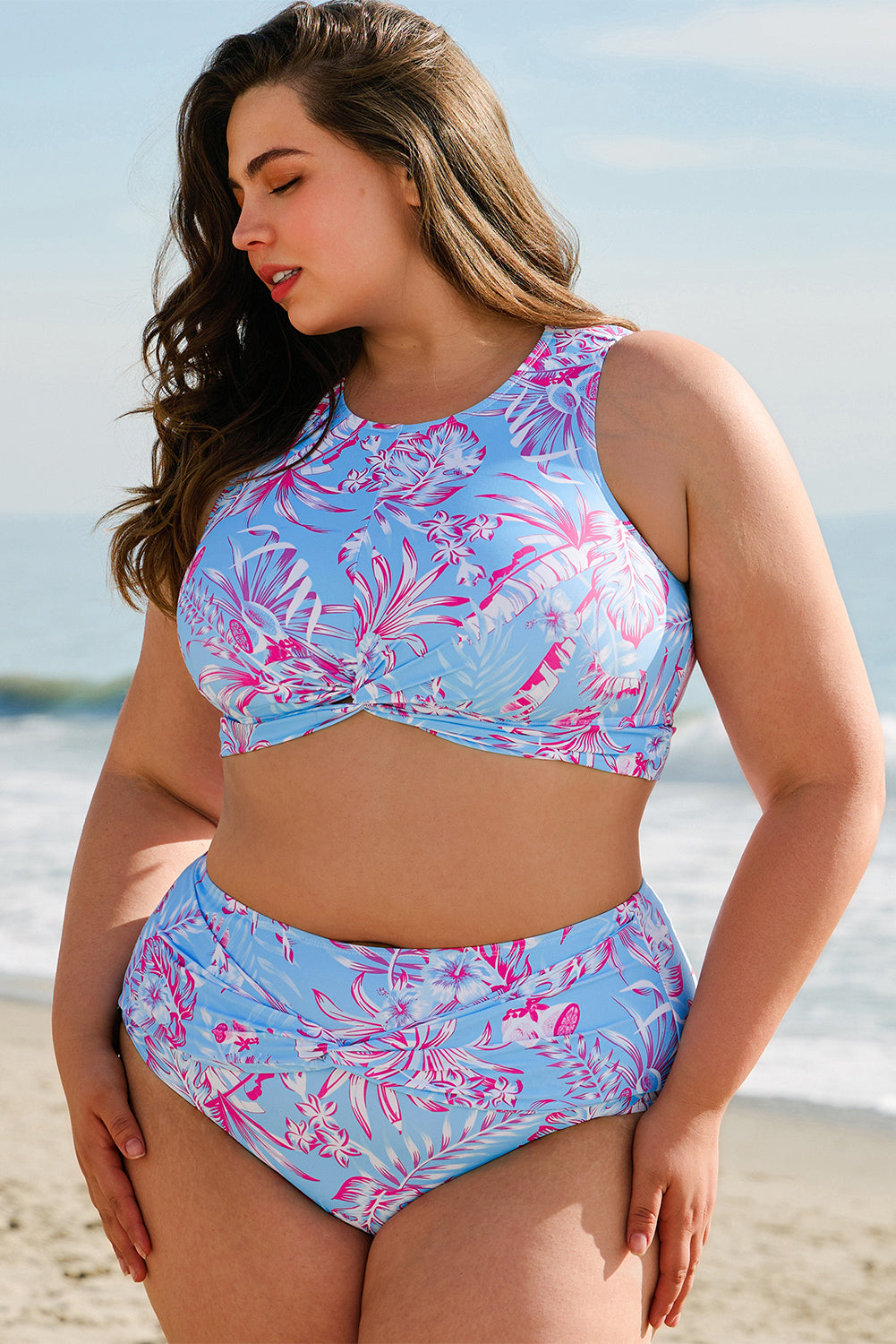 Ensemble bikini taille haute torsadé à imprimé floral grande taille