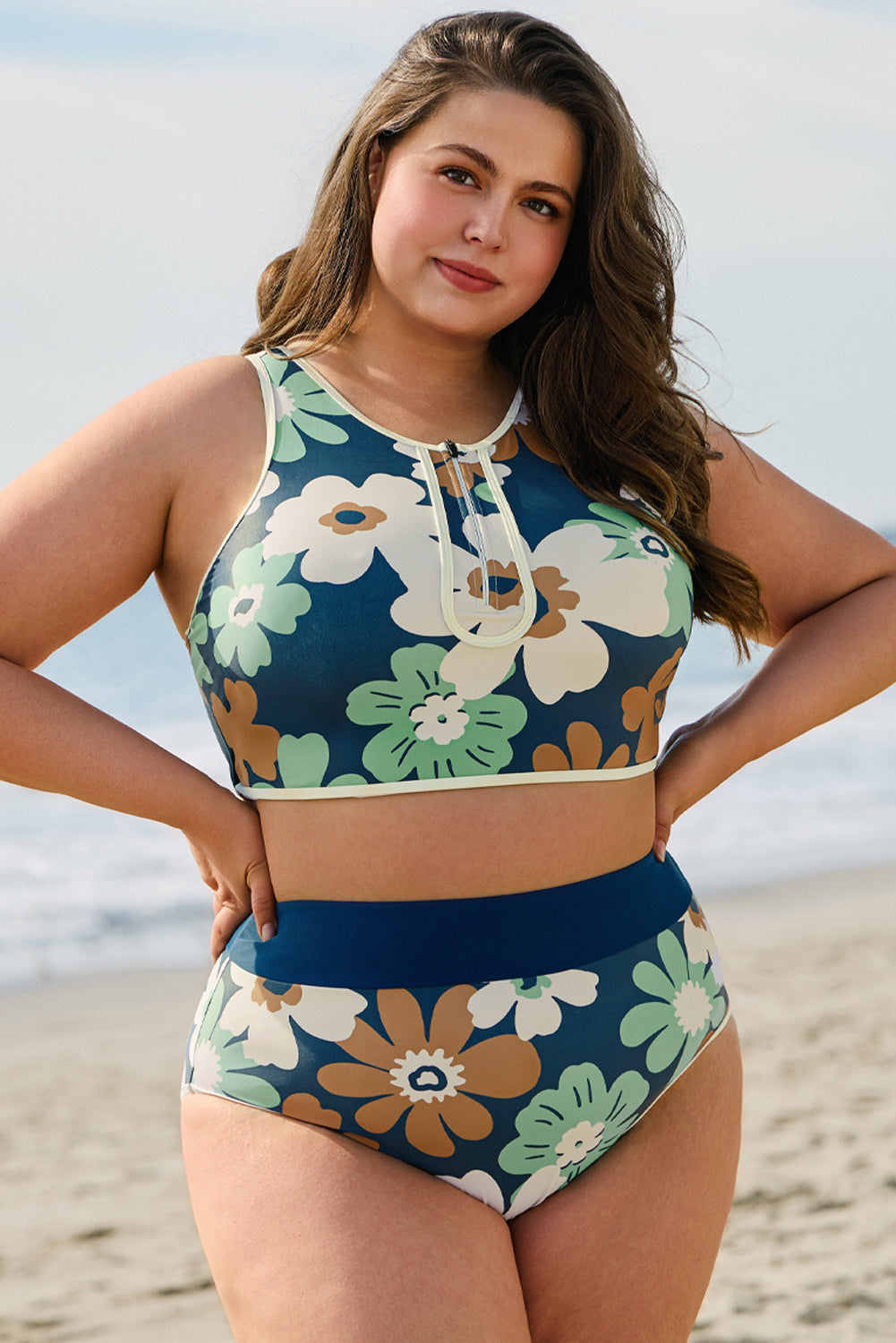 Bikini deux pièces grande taille zippé à imprimé floral