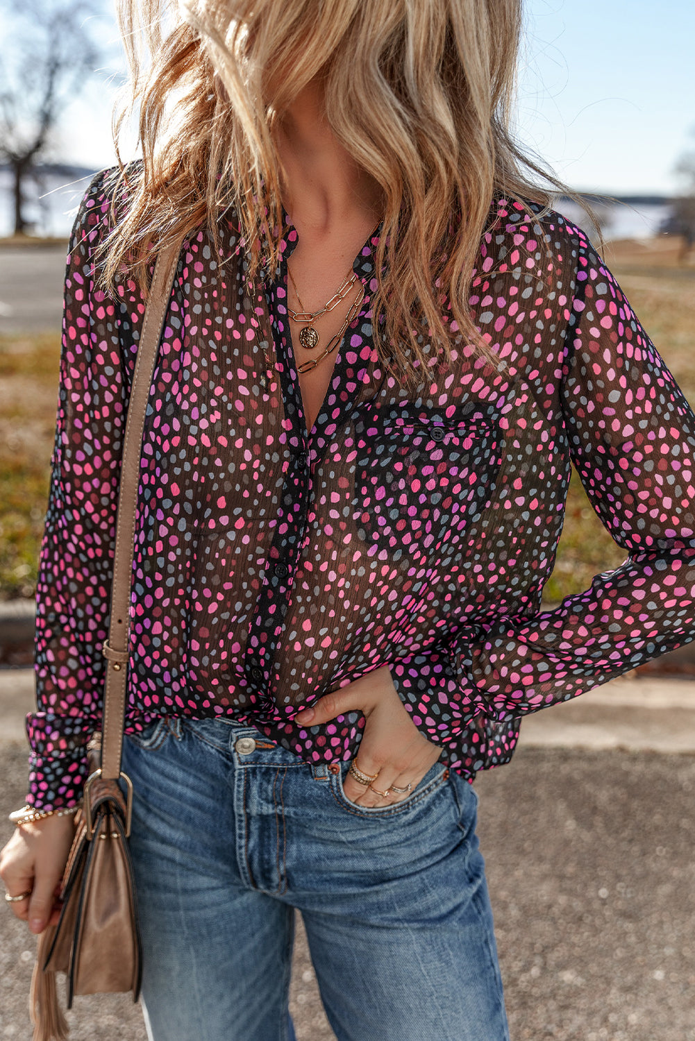 Chemise décontractée boutonnée imprimée à pois