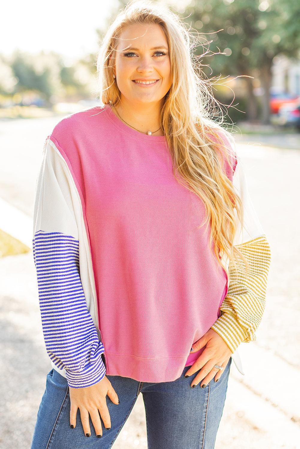 Haut Grande Taille a Rayures Colorblock Patchwork a Manches Bouffantes et Fentes