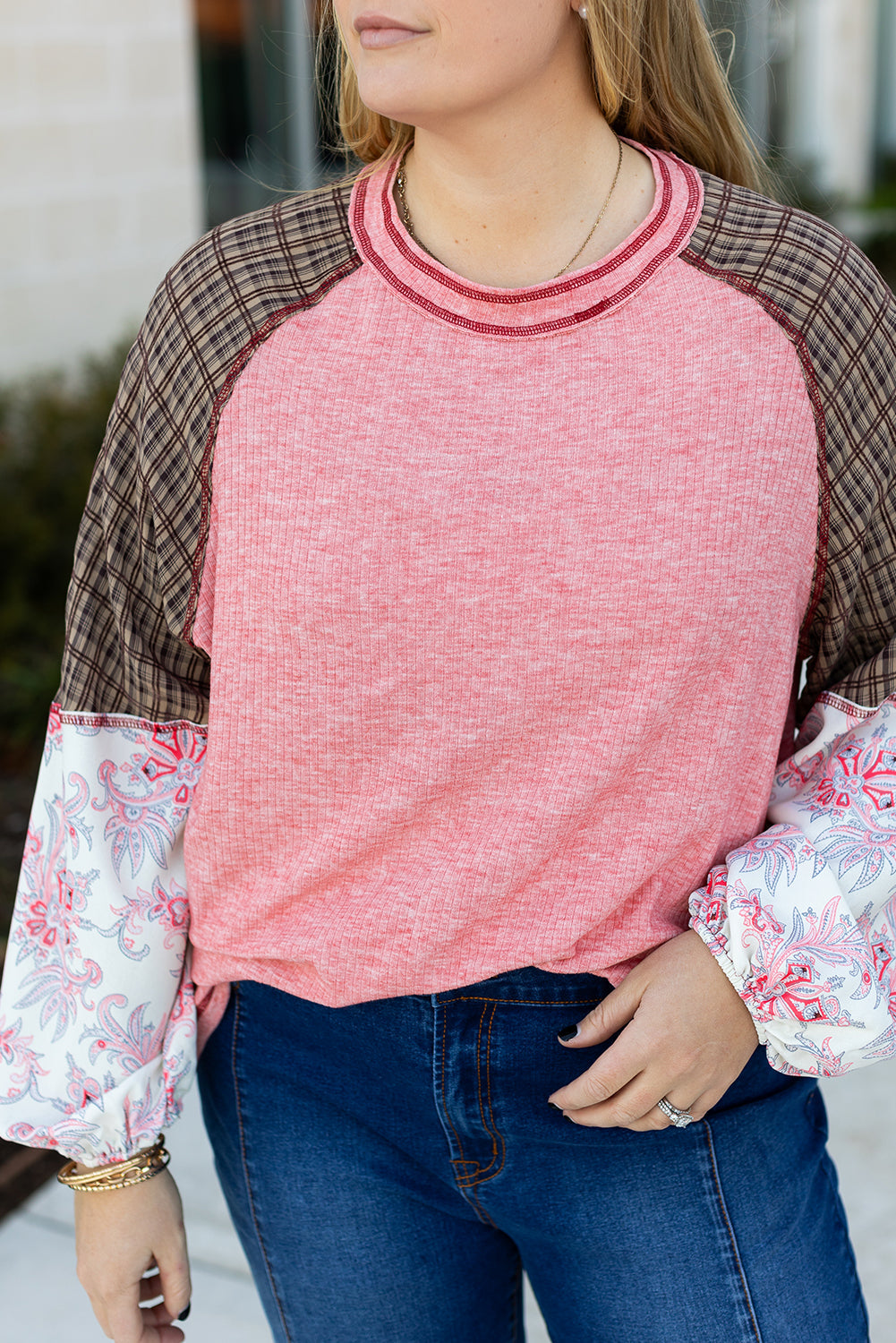 Haut a Carreaux Paisley Patchwork Manches Raglan Coutures Grande Taille