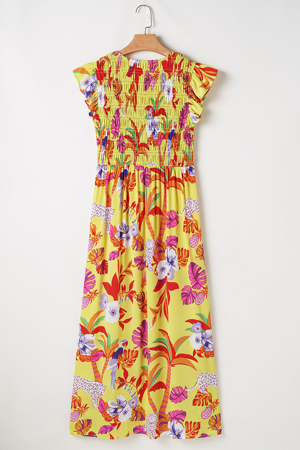 Robe longue à col en V et boutons froncés, imprimé guépard