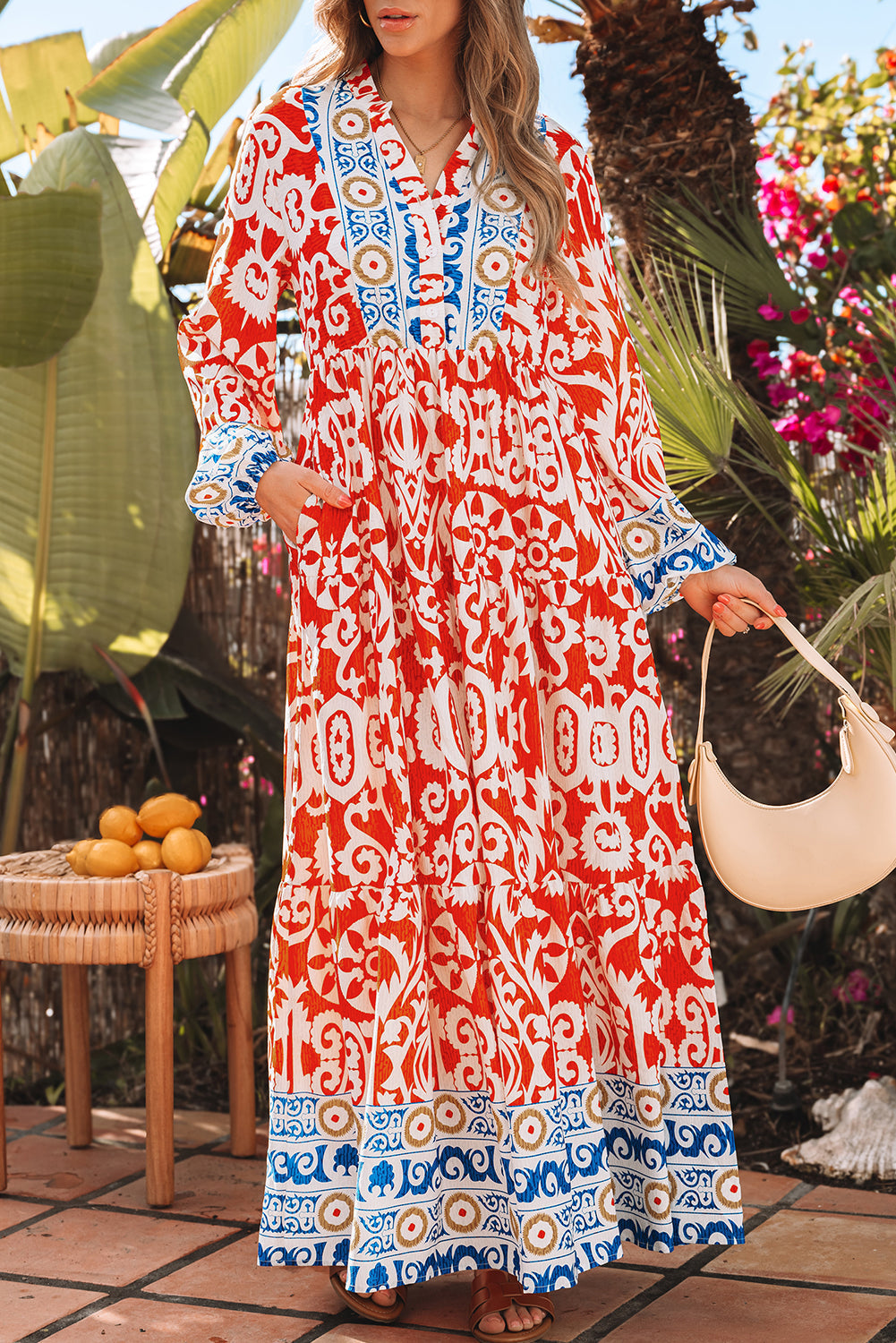 Robe longue bohème à manches longues et imprimé géométrique