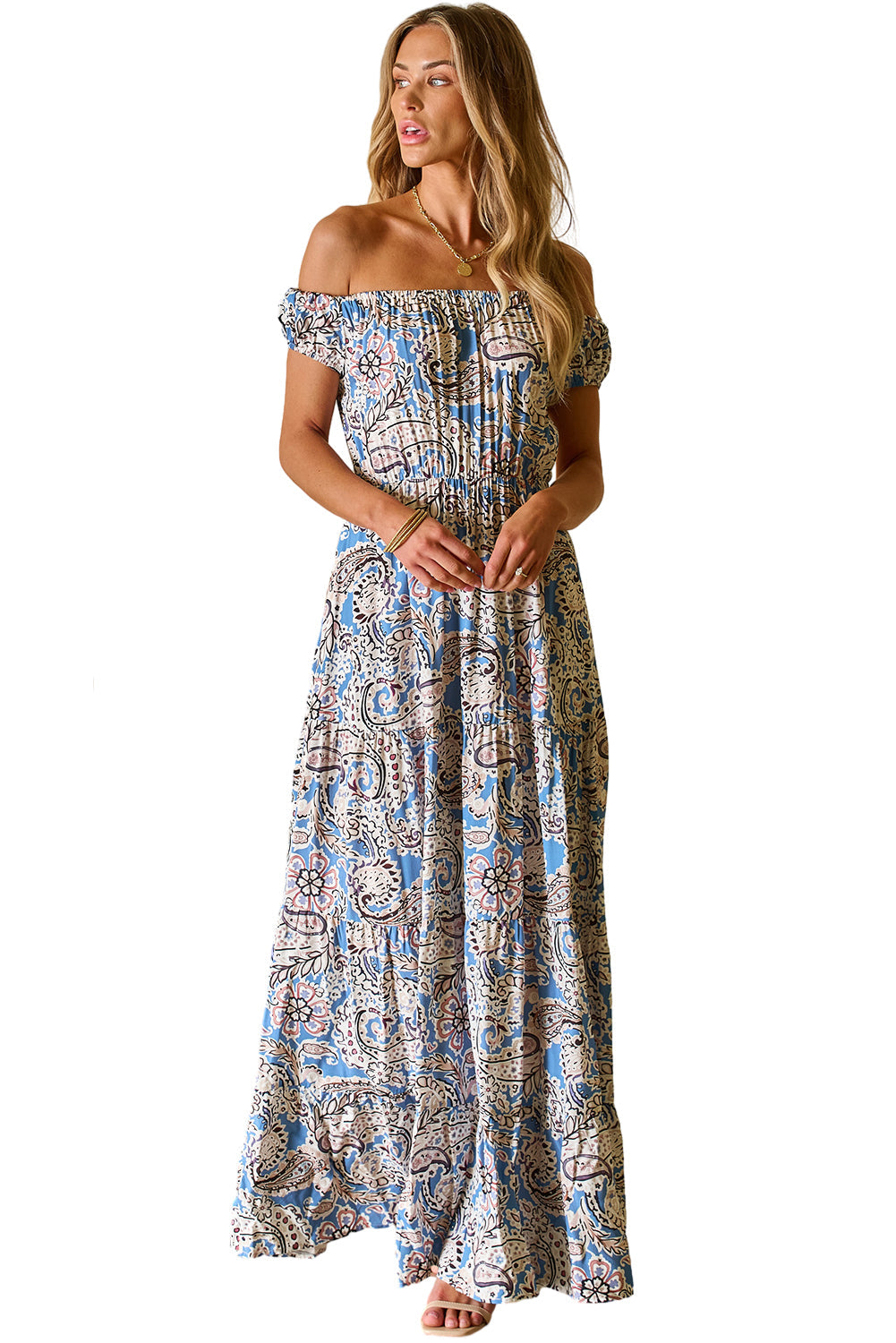 Robe longue bleue à épaules dénudées et imprimé cachemire style bohème