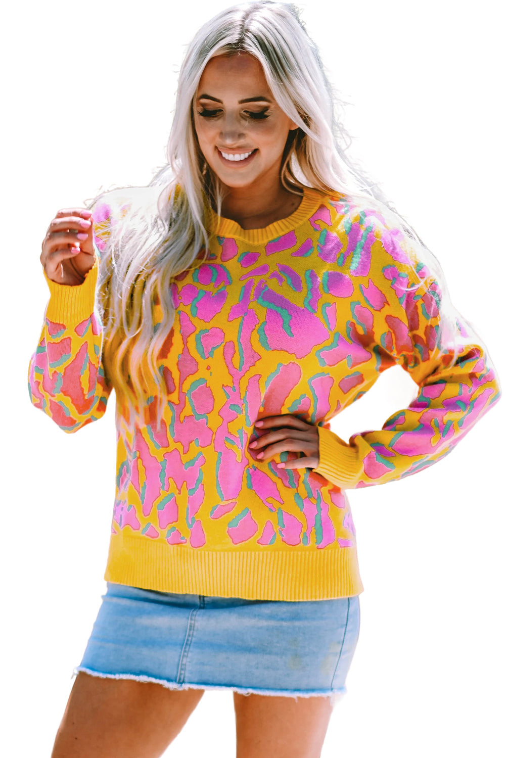 Pull ample a bordure côtelée et imprimé abstrait