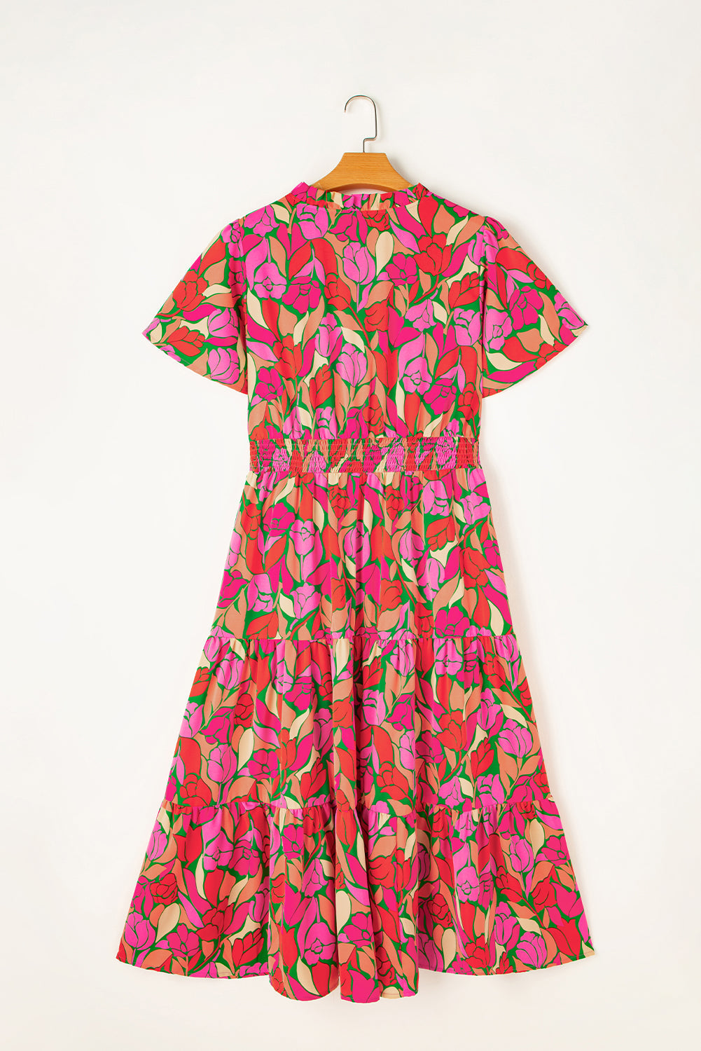 Robe longue florale a manches courtes et taille smockée