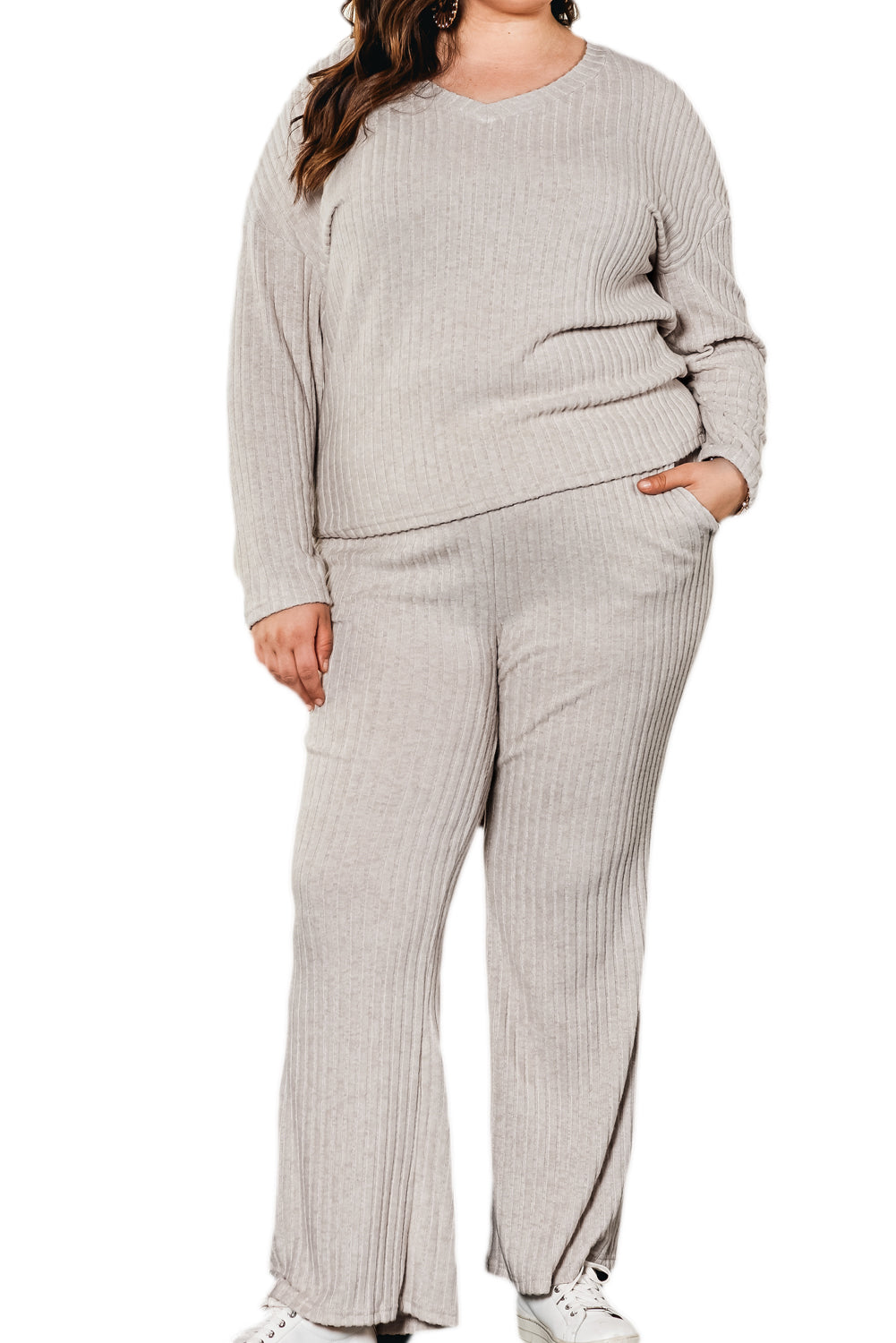 Ensemble Pull et Pantalon Côtelé a Col en V de Grande Taille