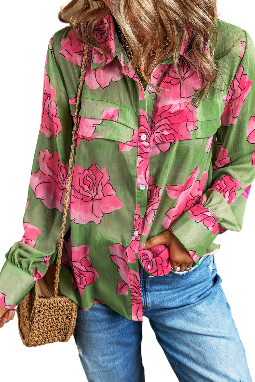 Chemise à manches bouffantes et détails plissés à imprimé floral