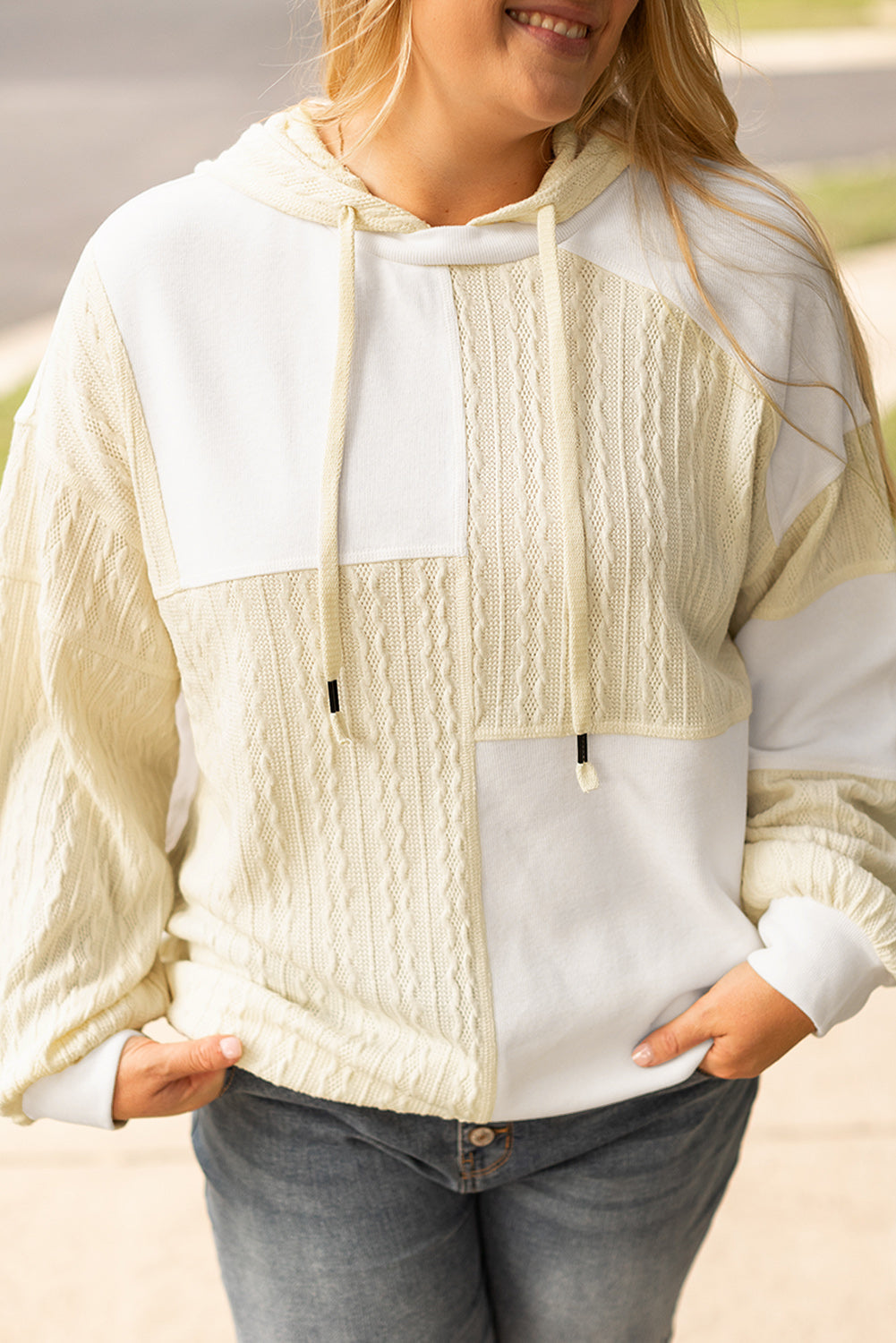 Sweat a Capuche Texturé Patchwork a Coutures Exposées Grande Taille